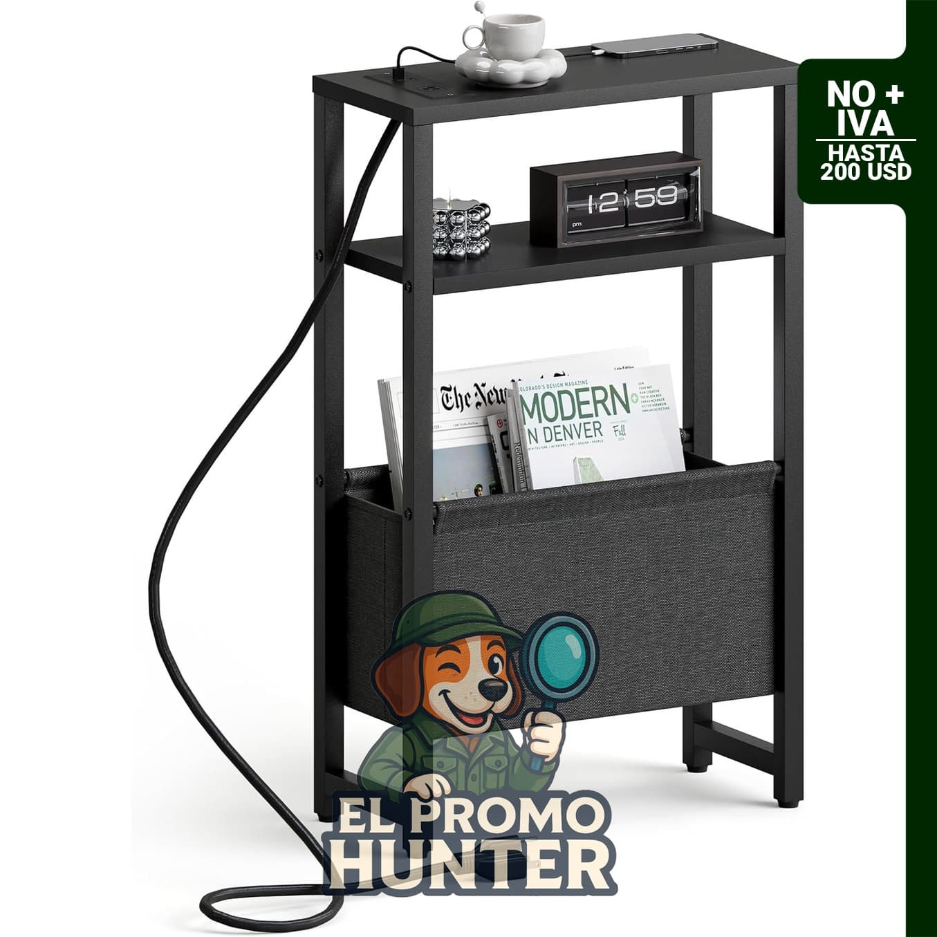 Mesa auxiliar estrecha con estación de carga y revistero, ideal para espacios pequeños.