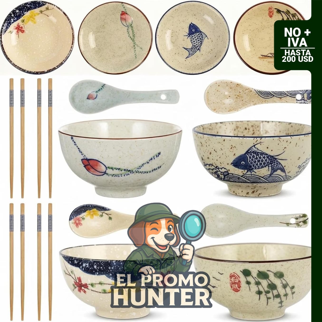 Juego de vajilla japonesa retro de 16 piezas, incluye 4 cuencos de cerámica, cucharas y palillos de bambú.