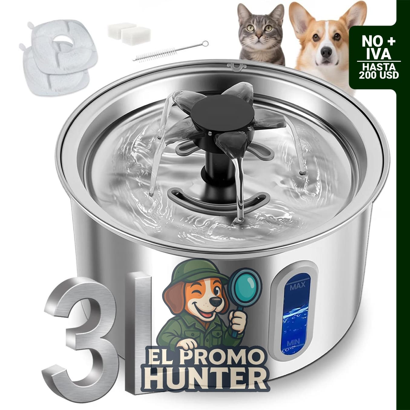 Fuente de agua ZOESEEK de acero inoxidable para gatos, 3 litros, dispensador automático y silencioso.