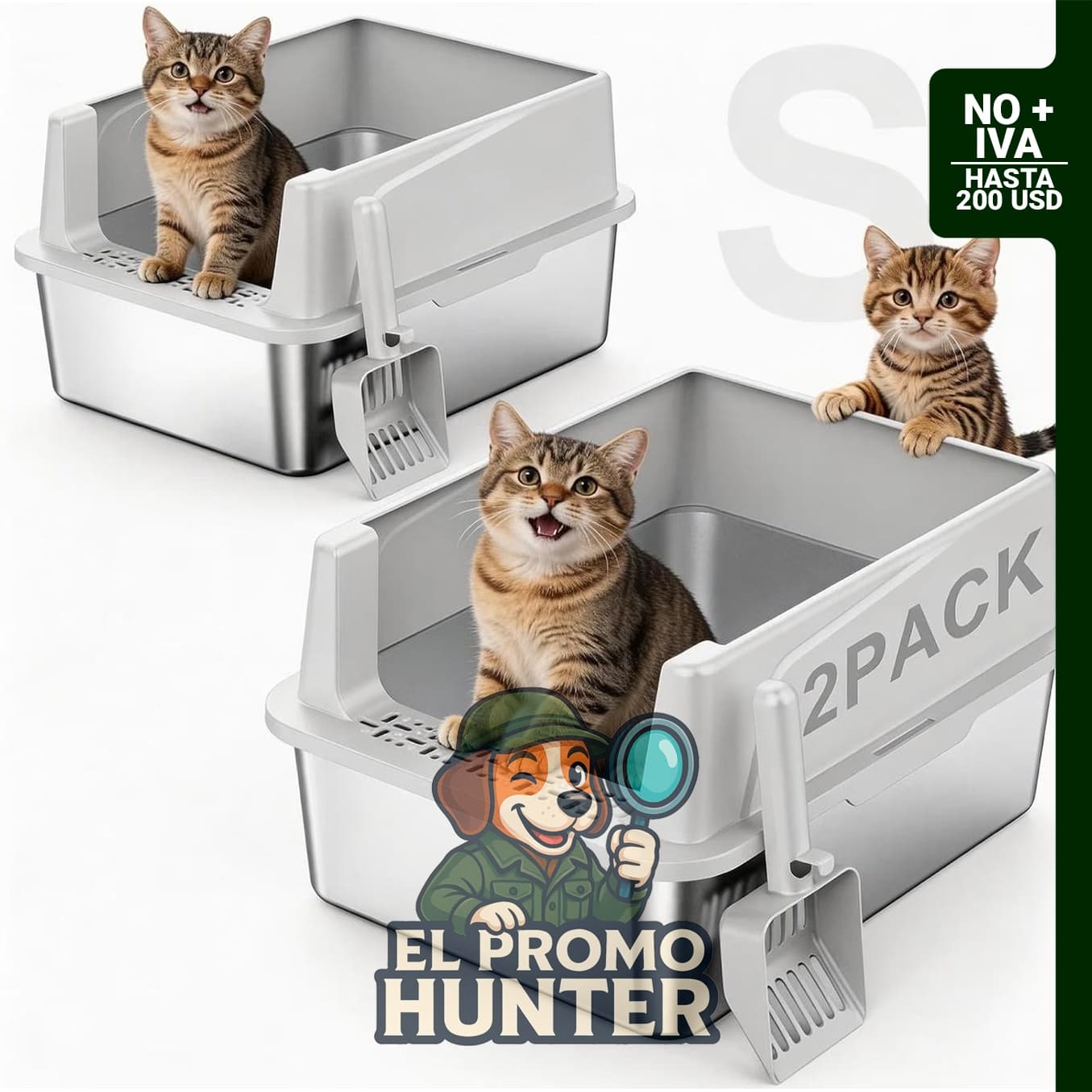 Paquete de 2 cajas de arena de acero inoxidable para gatos con tapa, antifugas y fácil de limpiar.