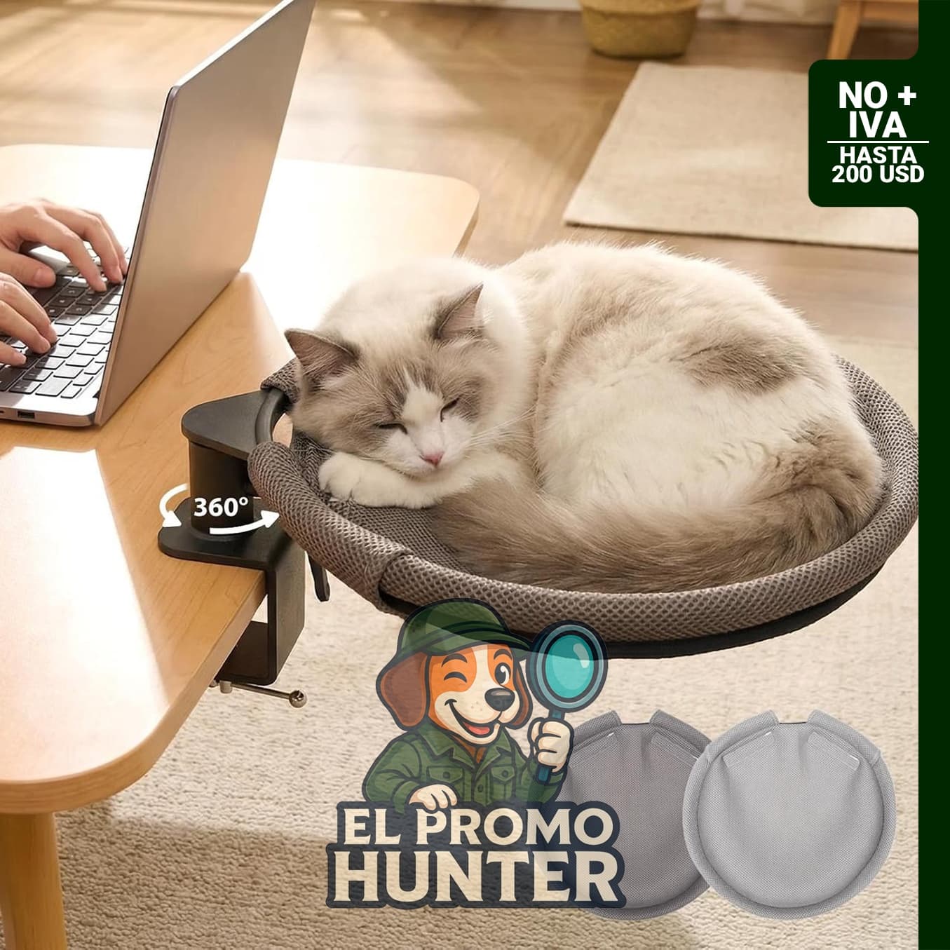 Cama de escritorio giratoria 360º para gatos, soporta hasta 18 kg, se adapta a escritorios de 5 cm.