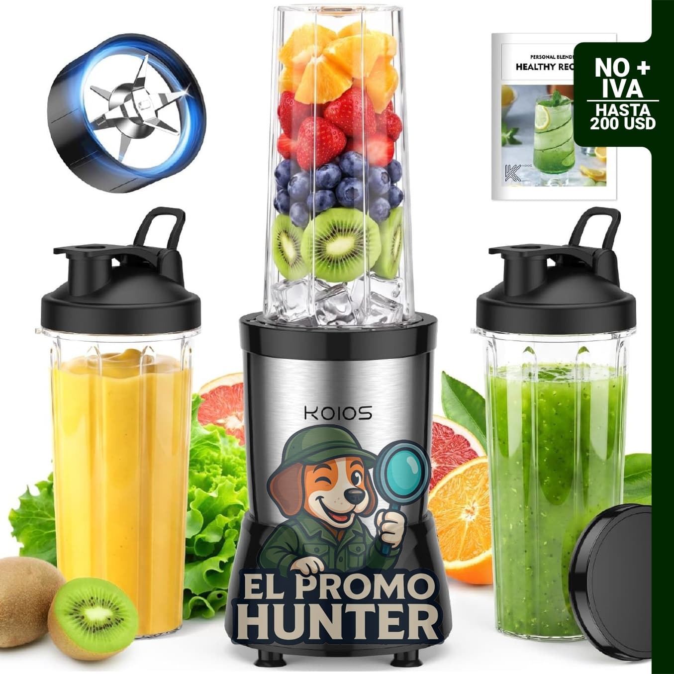 KOIOS Licuadora Personal para Batidos y Smoothies, 22000 RPM, incluye 3 vasos de 22 oz.