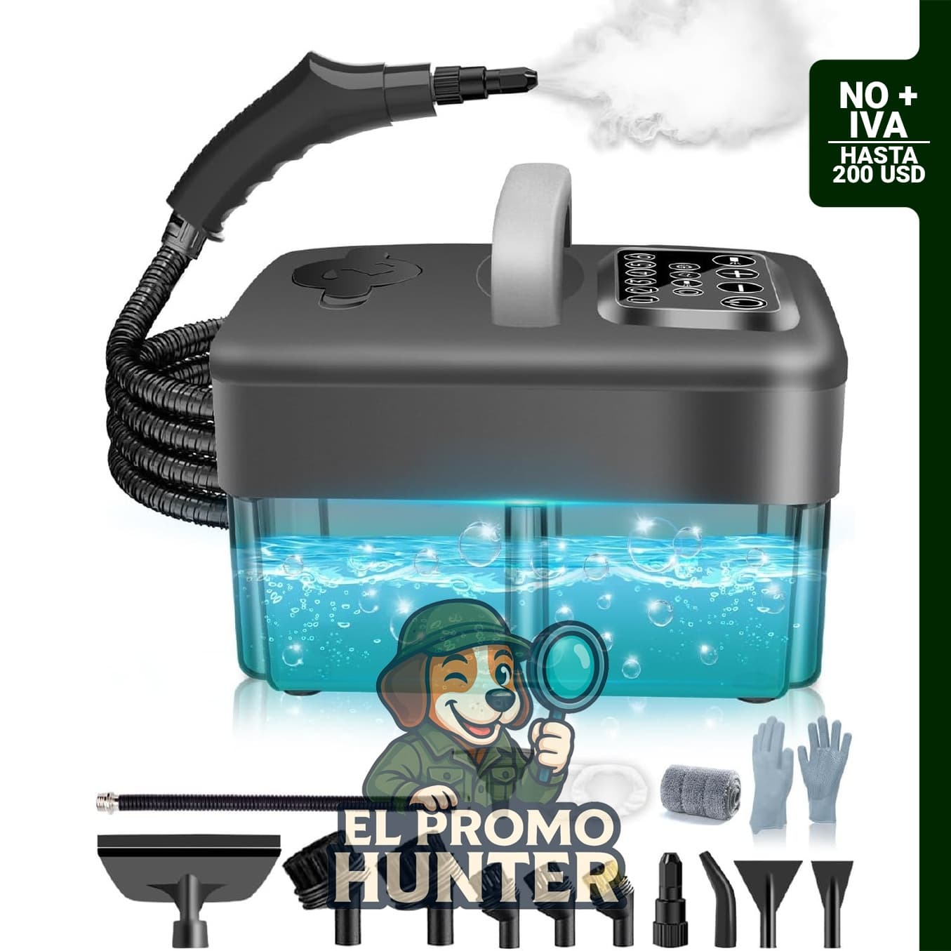 Limpiador de vapor portátil de 2500 W con tanque de 54.1 fl oz y 6 niveles ajustables.