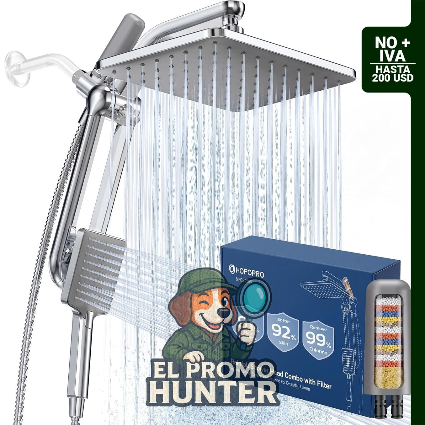 HOPOPRO Cabezal de ducha filtrado de alta presión con combo de mano.