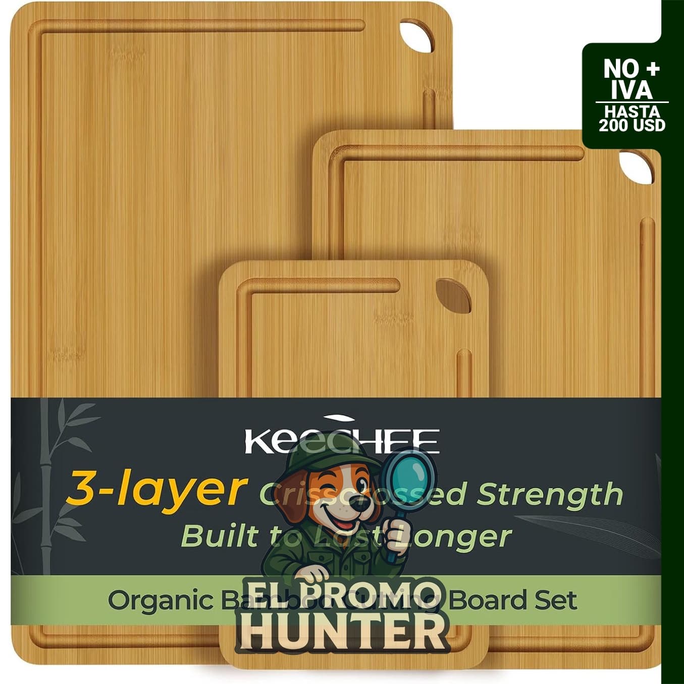 Keechee Tabla de Cortar de Madera para Cocina - Juego de 3 Tablas de Cortar Reversibles de Bambú.