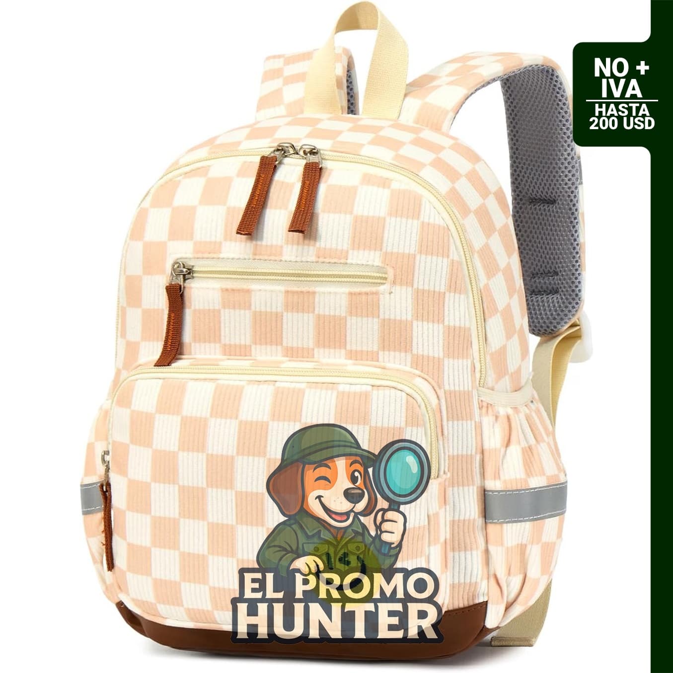 Mochila escolar Amythe con diseño de tablero de ajedrez en color beige.
