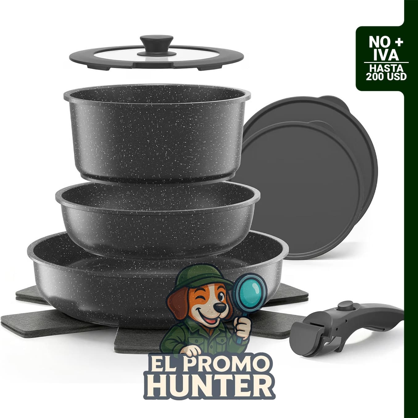 Set de 9 piezas de ollas y sartenes antiadherentes de granito, apilables y aptas para horno.