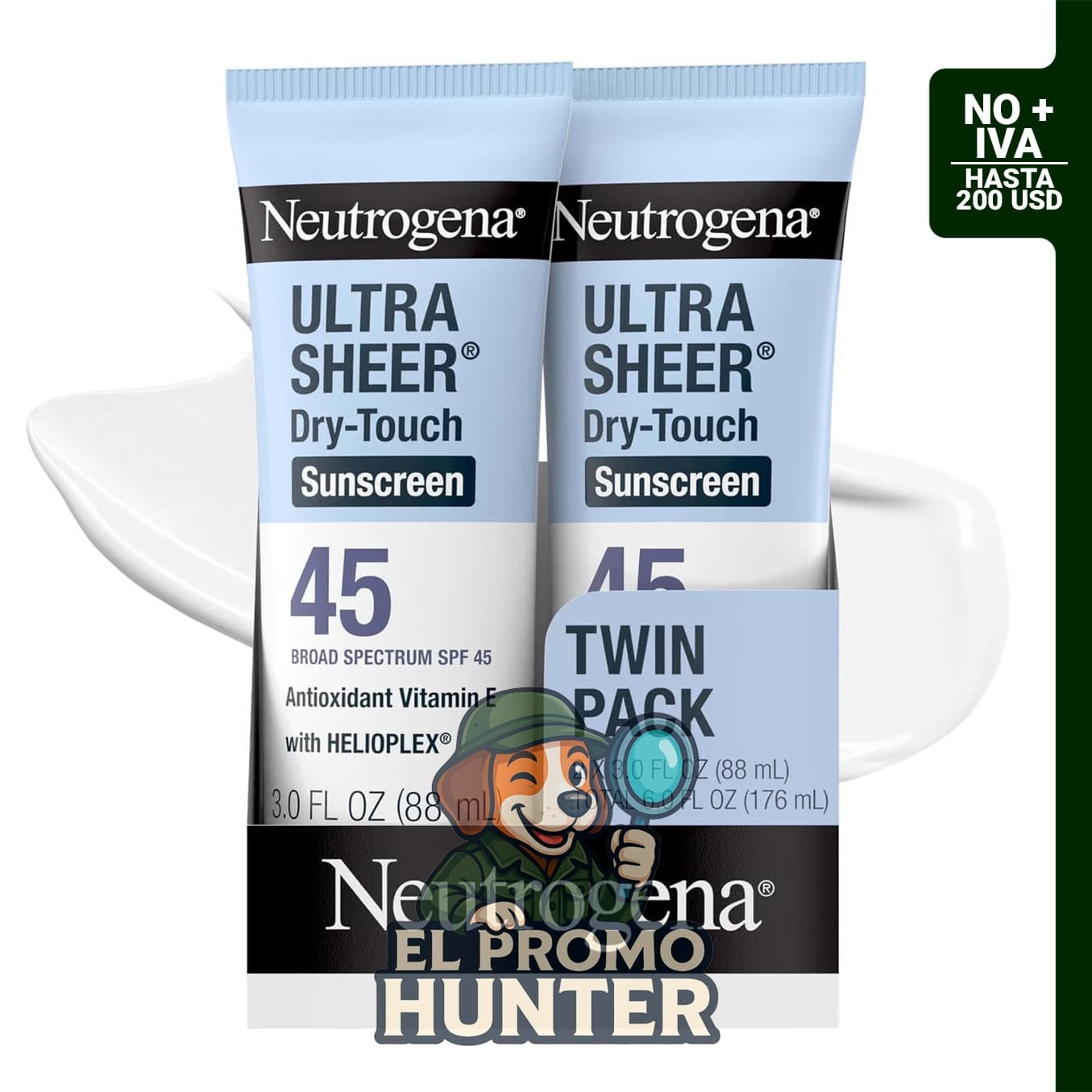 Neutrogena Ultra Sheer Protector solar, SPF 45, amplio espectro UVA/UVB, tamaño de viaje, 3 fl oz (89 ml).