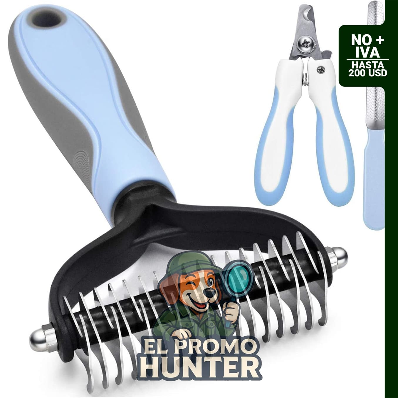 Cepillo deshedding para perros y gatos, con doble cara y herramientas de aseo.