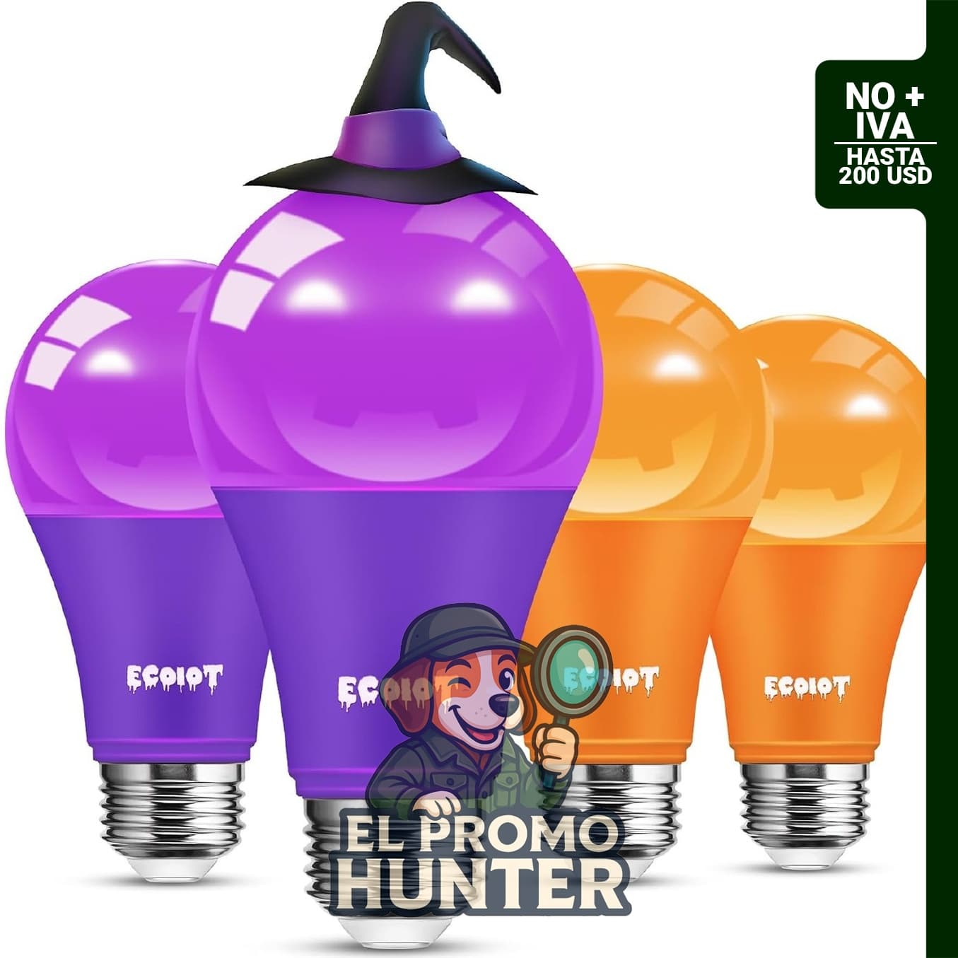 Bombillas LED A19 naranja púrpura base E26, paquete de 4.