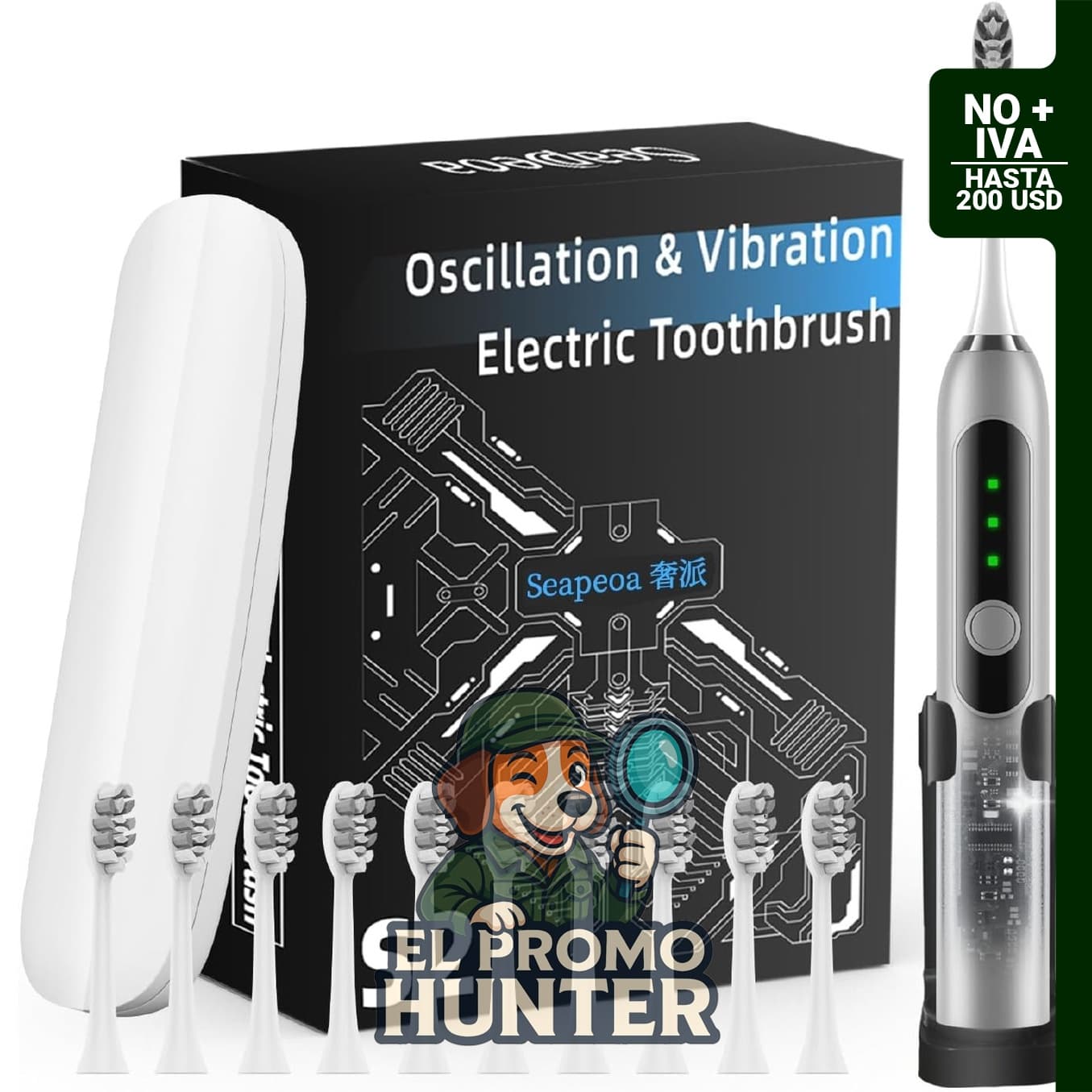 Cepillo de dientes eléctrico sónico con 10 cabezales, estuche de viaje y soporte de pared, IPX8 impermeable.