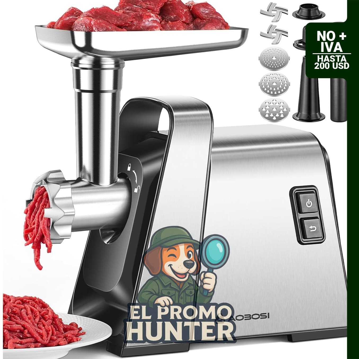 AAOBOSI Picadora de carne eléctrica 3000W Max con 2 cuchillas de acero inoxidable y 3 placas de picado.