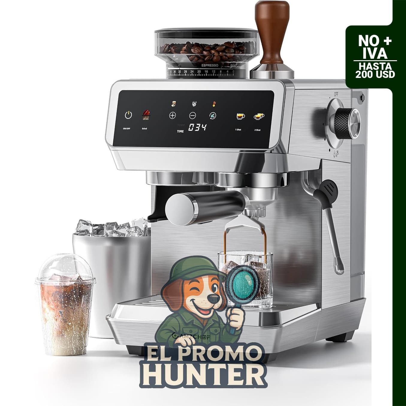 AMZCHEF Máquina de café expreso con molinillo, control de temperatura de 88 °C a 94 °C, ajuste de molienda de 44 grados.