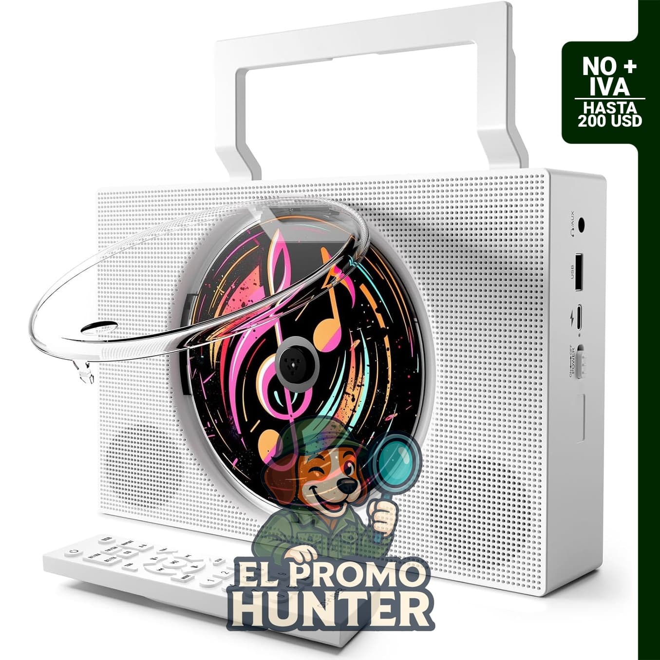 Reproductor de CD portátil Boombox con Bluetooth, radio FM, USB y AUX.