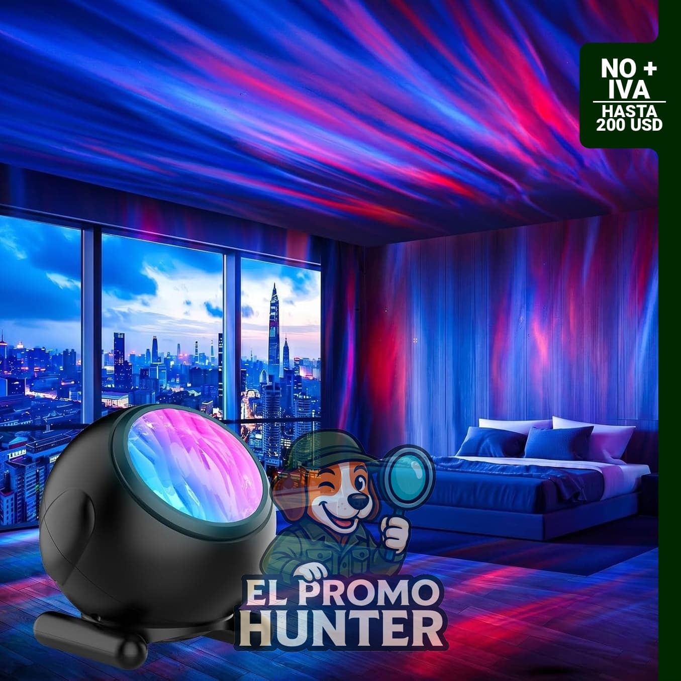 Proyector de luz Aurora Noosanfa con 7 iluminaciones, temporizador y control remoto.