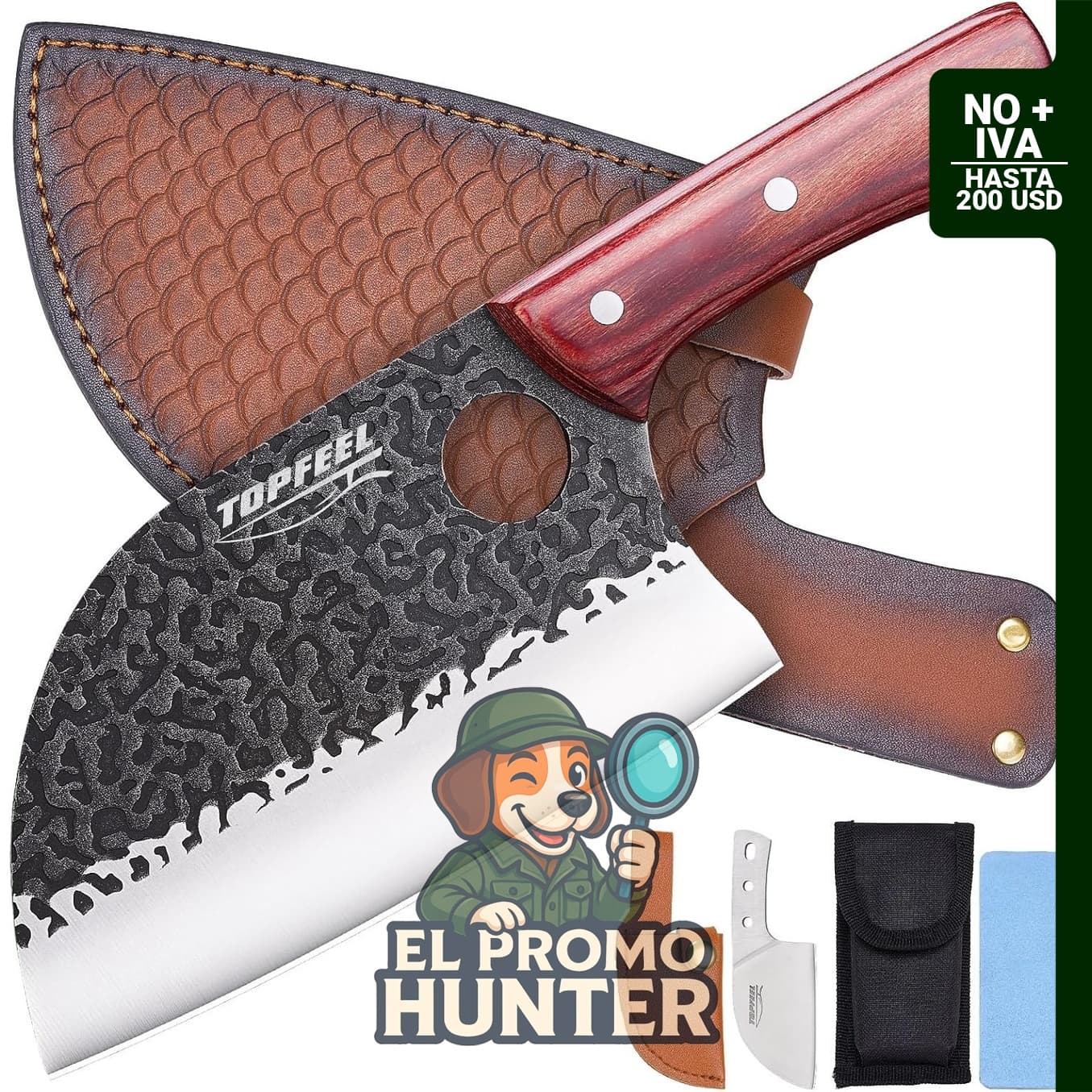 Cuchillo de chef serbio de 17.2 cm, incluye funda de cuero y piedra de afilar.