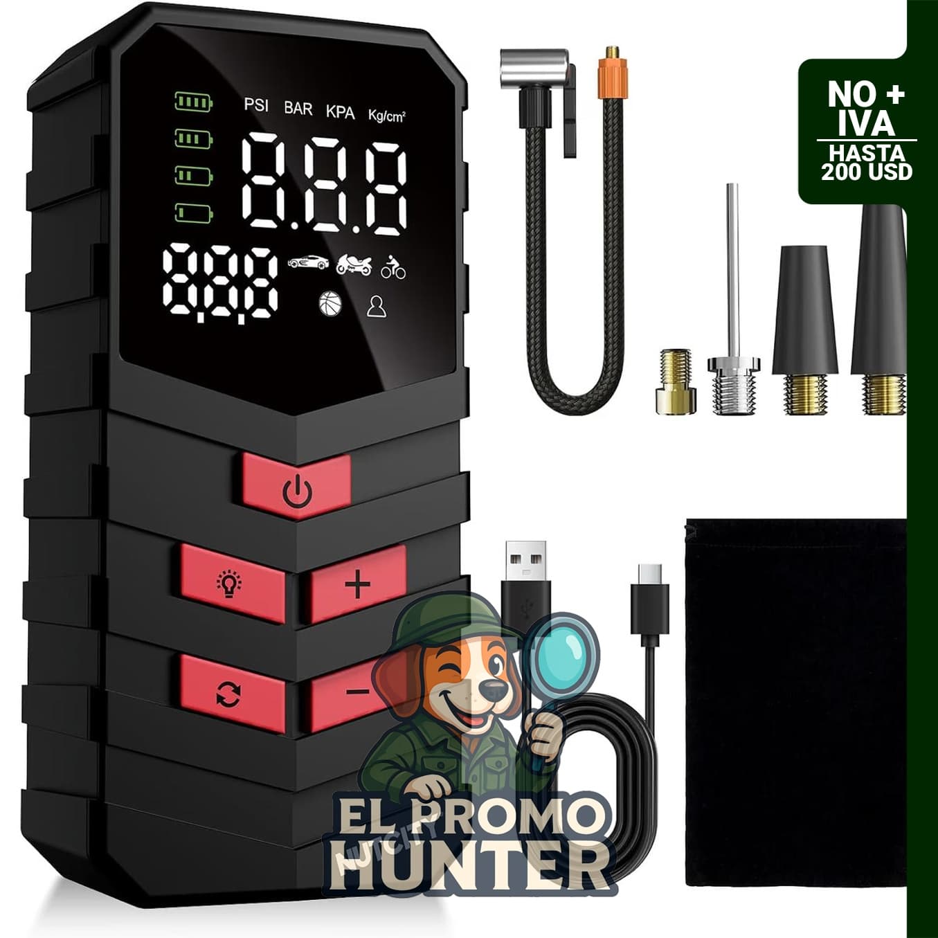 Compresor de aire portátil inalámbrico de 16000 mAh, inflador de neumáticos de 150 PSI con iluminación.