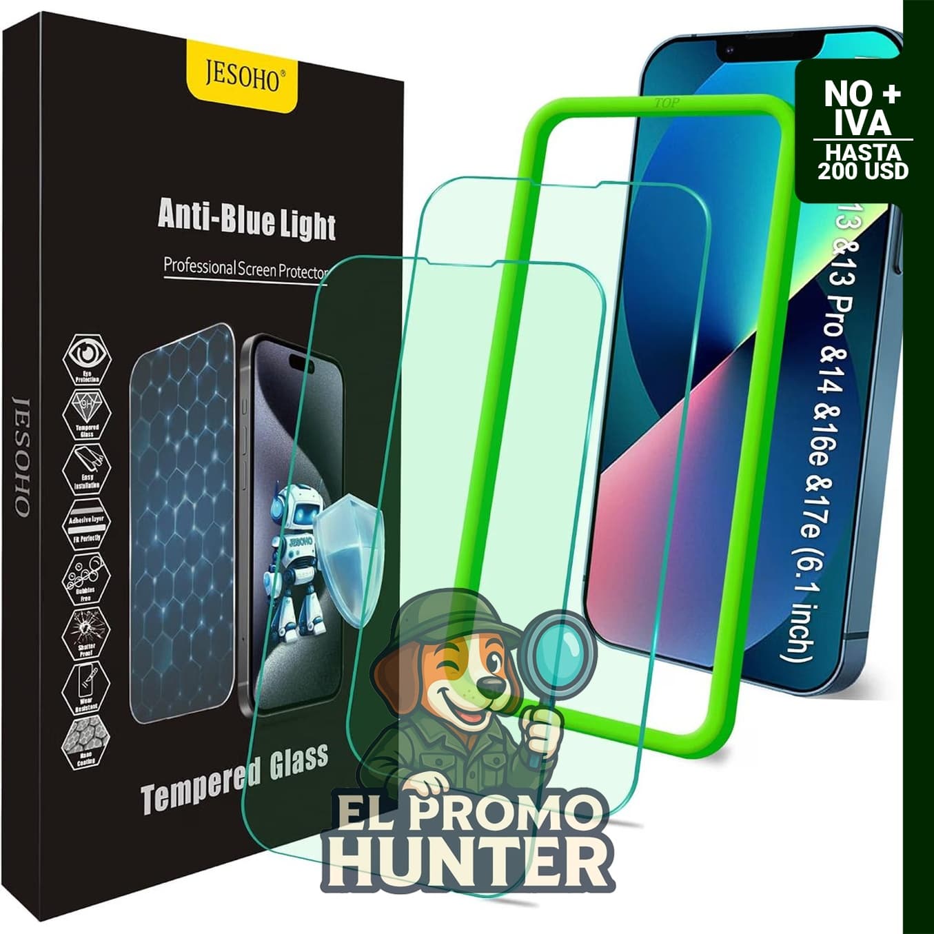 JESOHO Protector de pantalla de luz azul para iPhone 16e, iPhone 13, iPhone 13 Pro y iPhone 14 (6.1 pulgadas), vidrio templado resistente a arañazos.