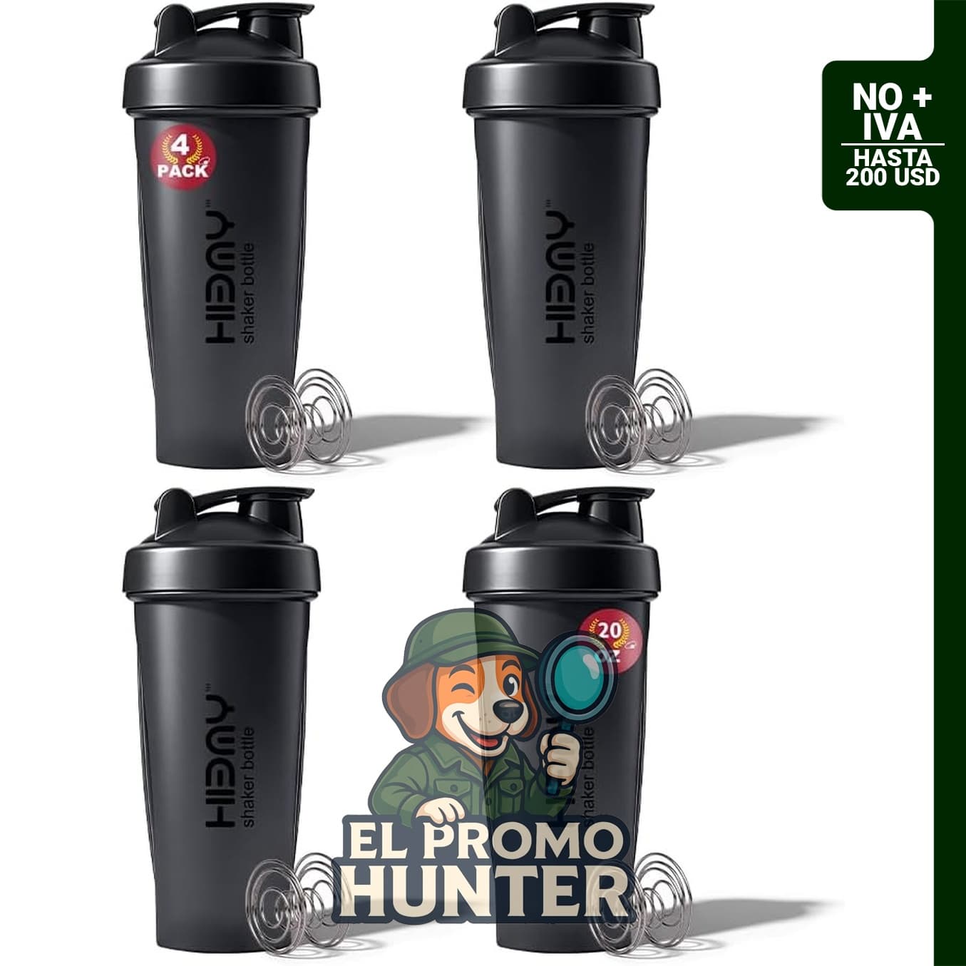 Paquete de 4 botellas mezcladoras de proteínas de 20 oz (591 ml) con 4 bolas batidoras, sin BPA.