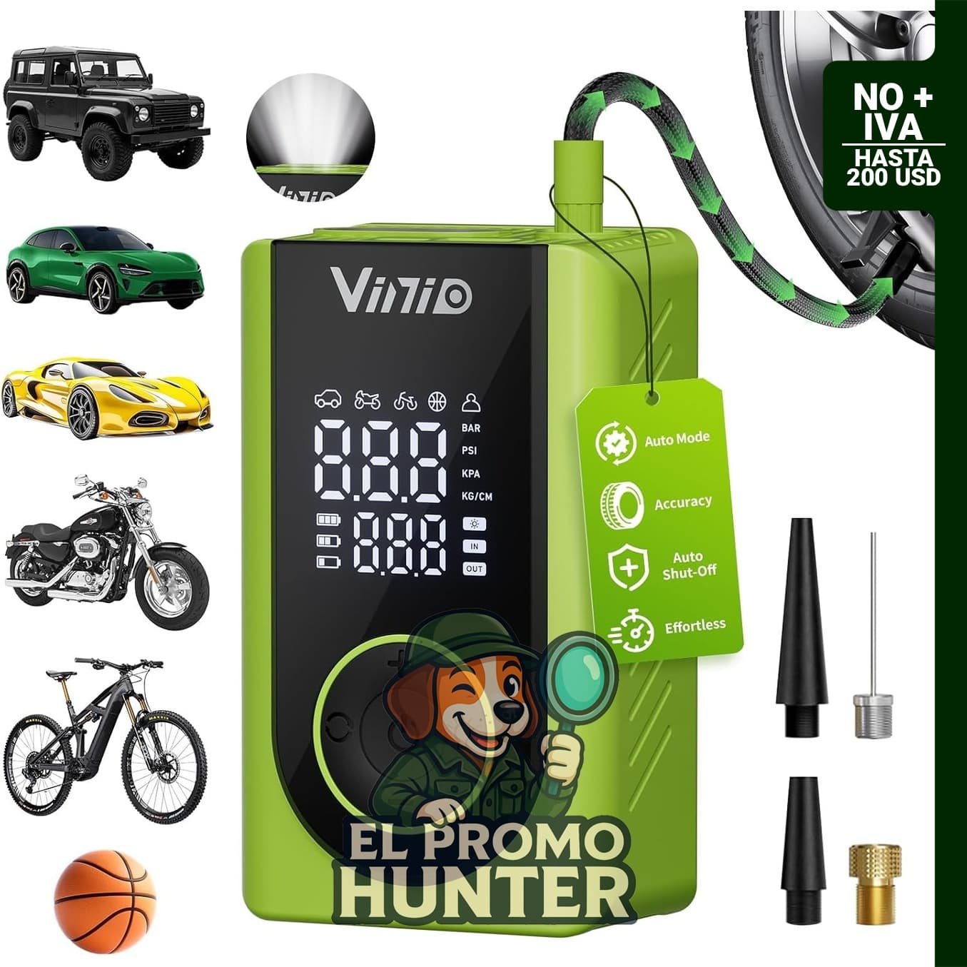Vinid Inflador de neumáticos portátil inalámbrico, compresor de aire con pantalla digital LED y apagado automático.