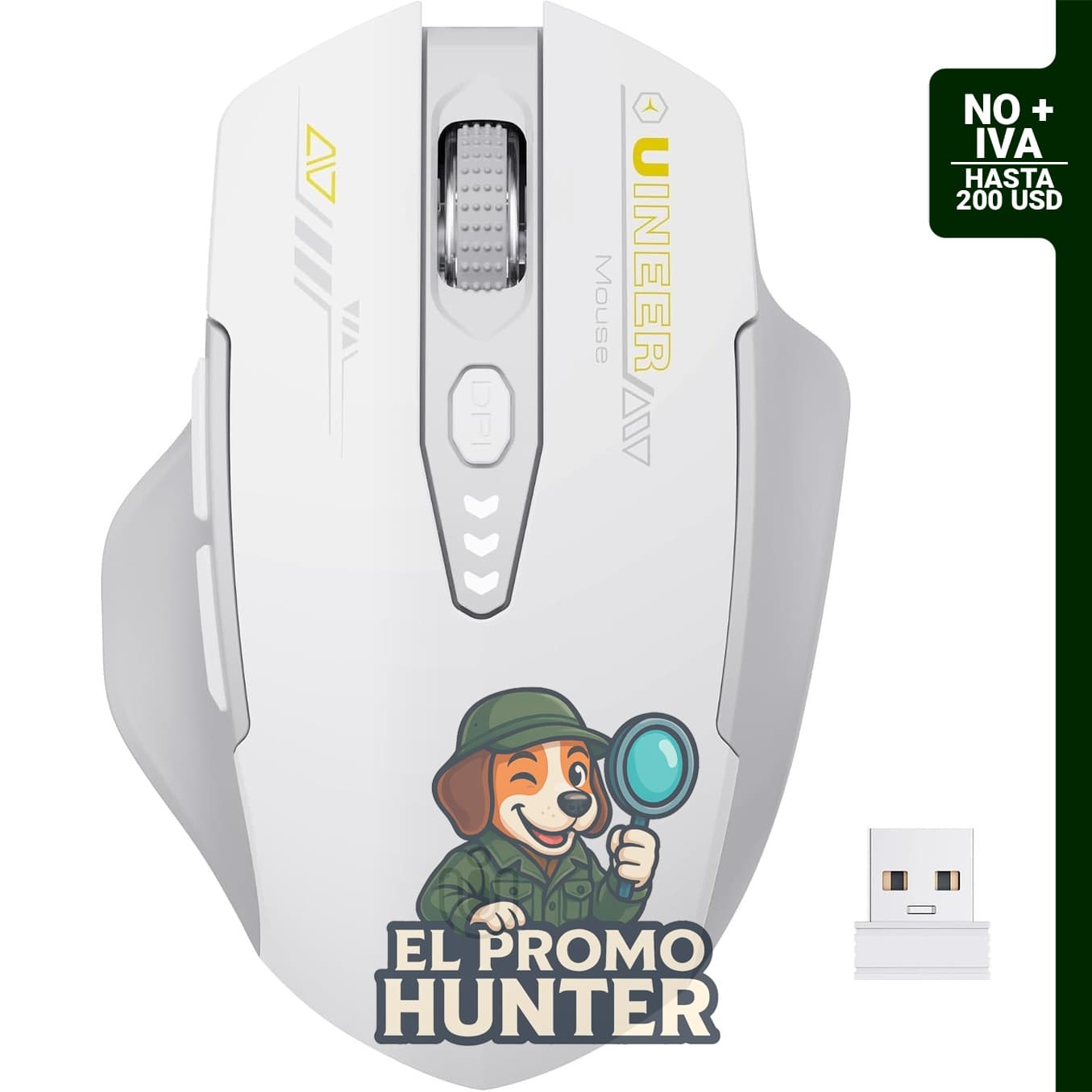 Uineer Ratón Inalámbrico Recargable Ergonómico 2.4GHz con 4 Niveles DPI y Nivel de Batería Visible.