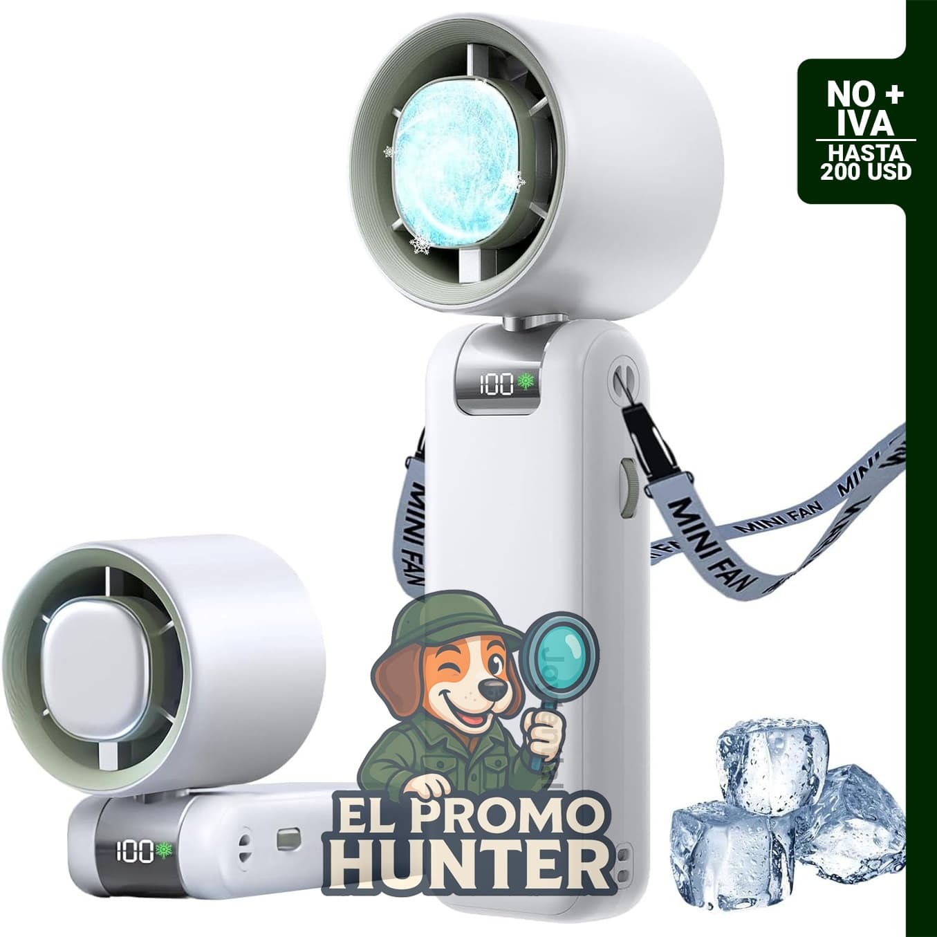 Ventilador de mano portátil con 1-100 velocidades ajustables, USB recargable.