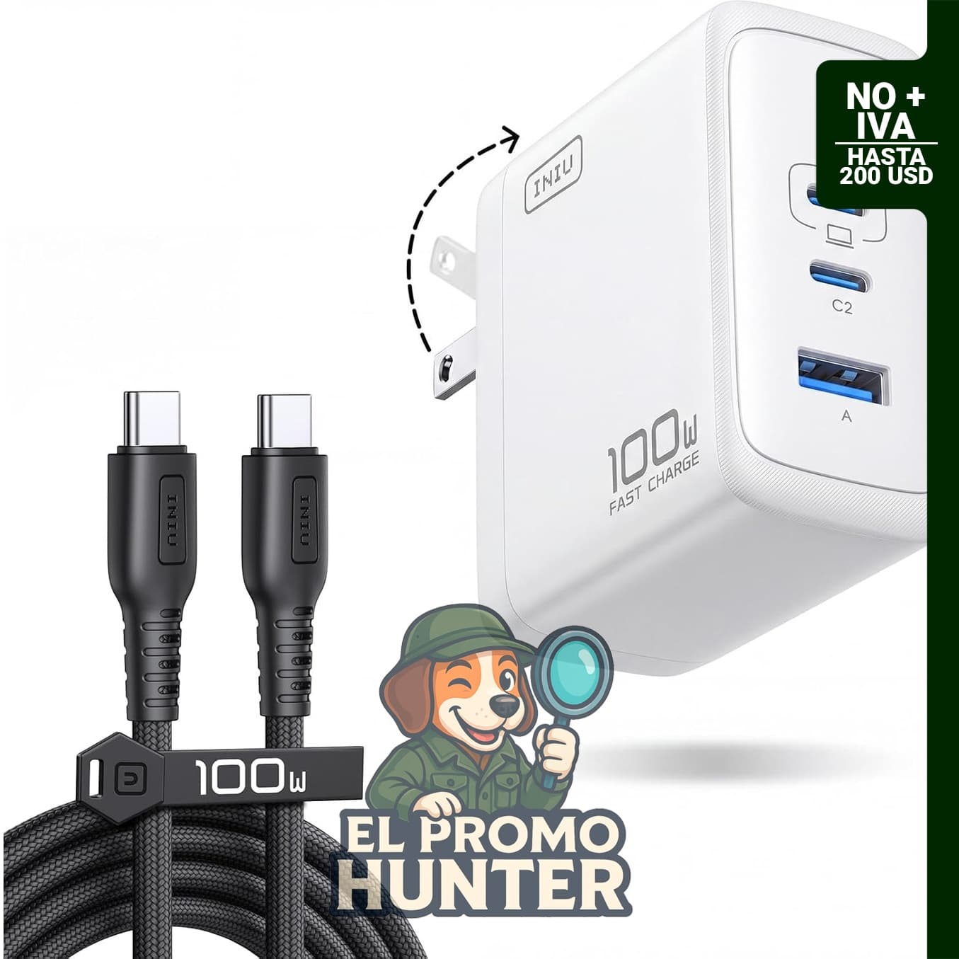INIU 100W cargador portátil USB C, bloque de carga rápida GaN.
