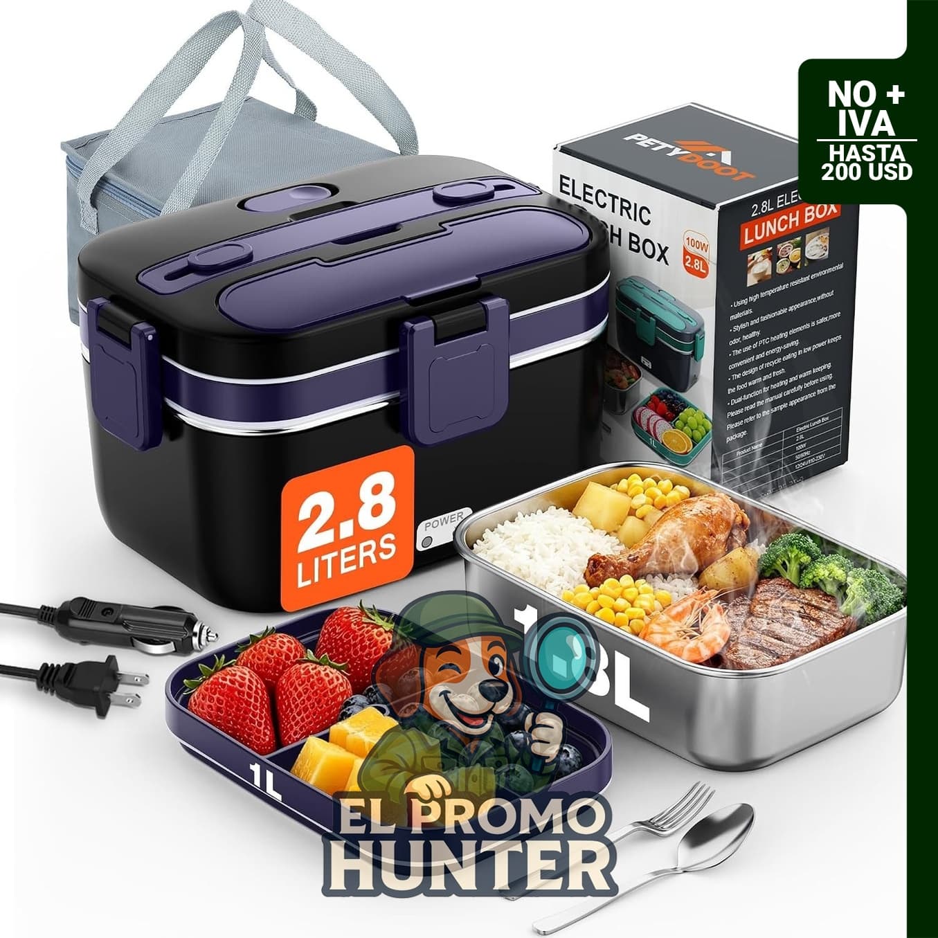 Lonchera eléctrica PETYDOOT de 2.8 L, calentador de alimentos portátil de 100 W, a prueba de fugas.