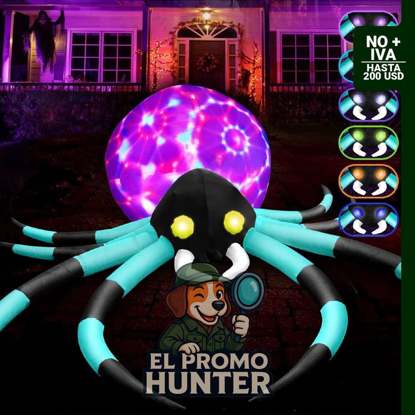 Araña gigante inflable de Halloween de 12 pies (3.66 m) con 7 ojos que cambian de color y vientre intermitente.