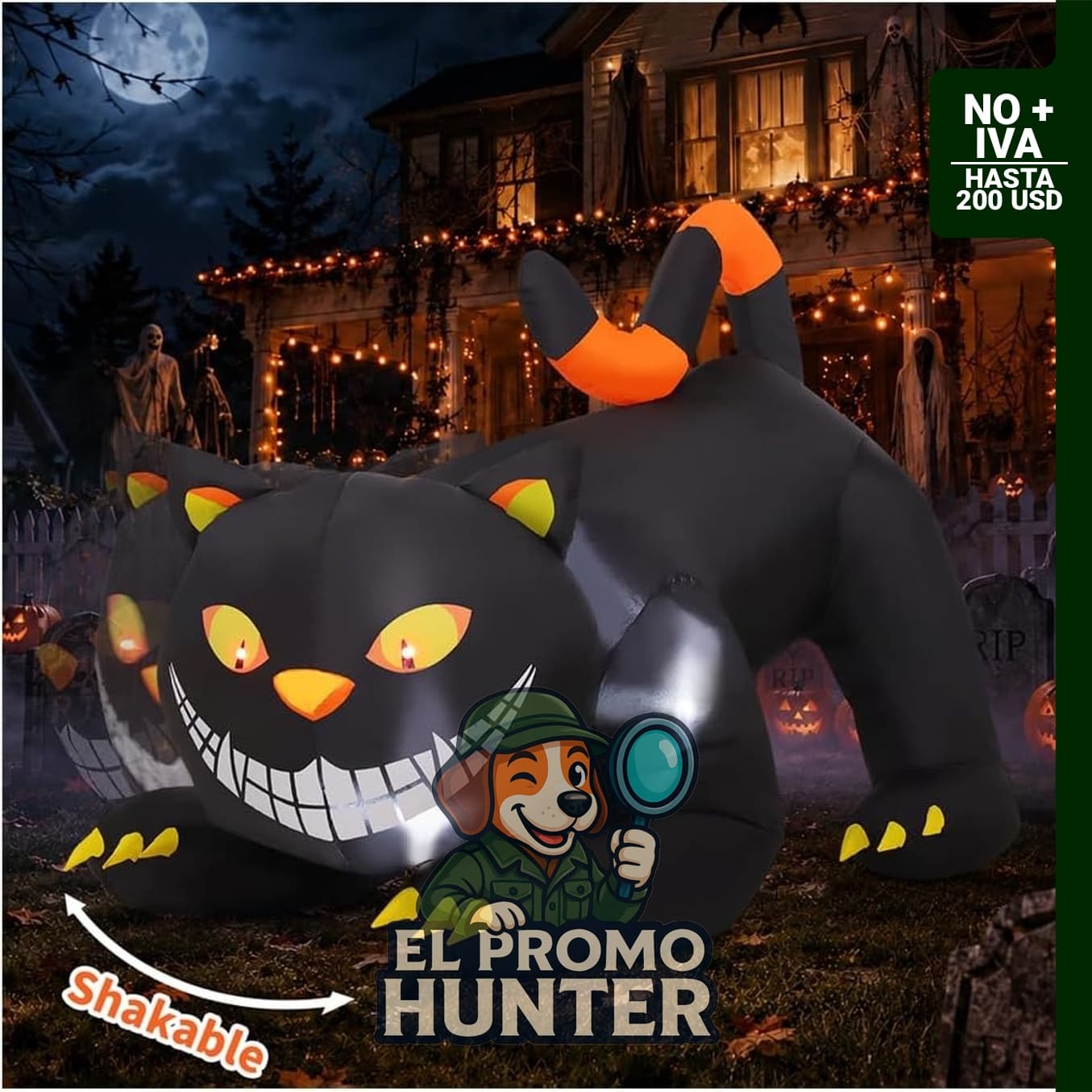 GOOSH Inflables de Halloween de 6 pies, gato negro con cabeza agitable, decoración inflable con luces LED.