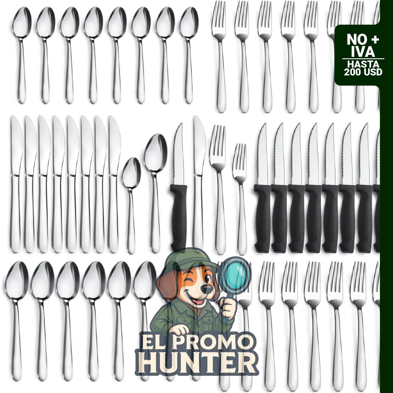 Pleafind juego de cubiertos de acero inoxidable de 48 piezas para 8 personas, incluye cuchillos, tenedores y cucharas.