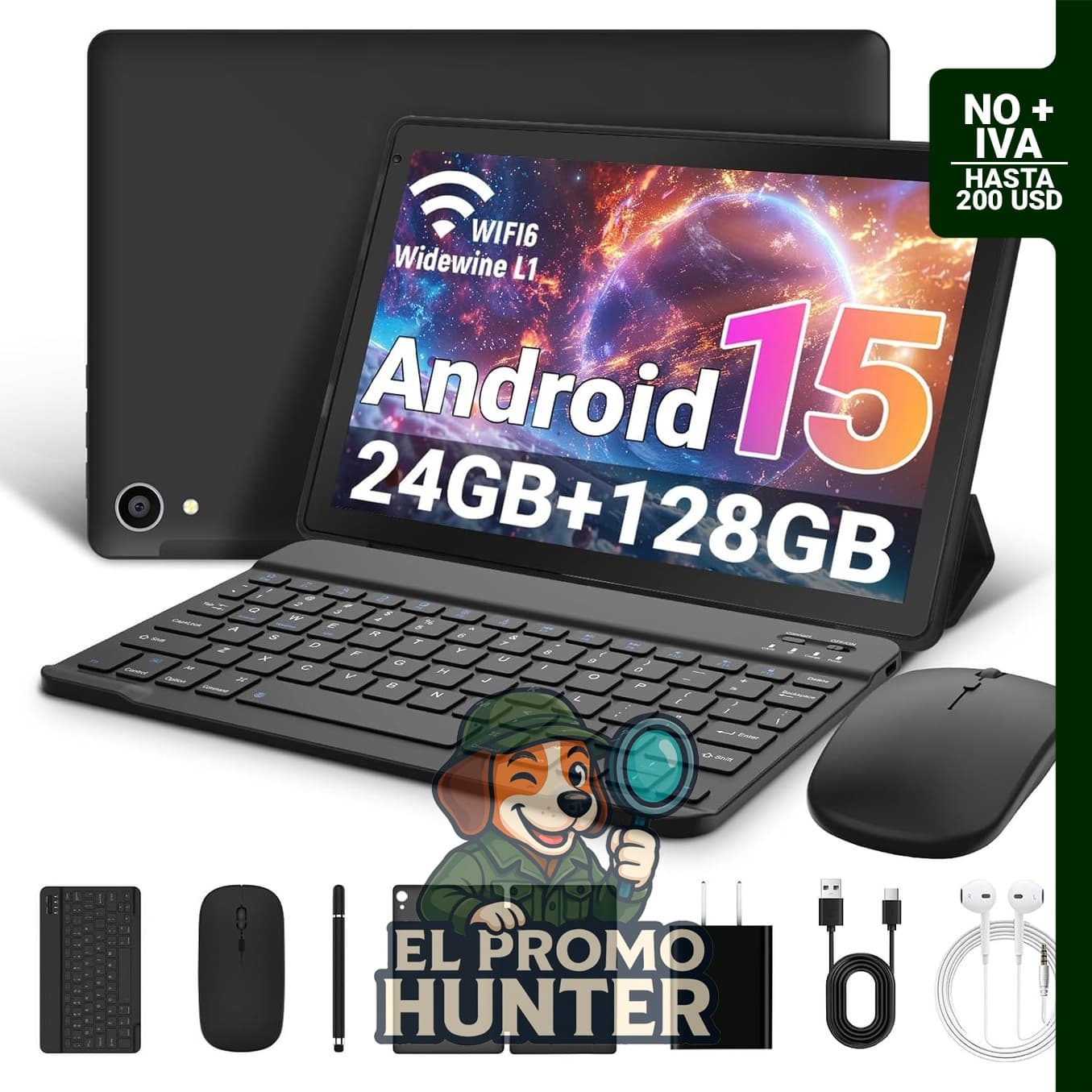 Gleeso Tablet Android 15" (38 cm) 2 en 1 con teclado, 24GB RAM, 128GB ROM, 1TB expandible, Octa Core, 5000mAh, WiFi 6, BT5.4, cámara dual de 8MP+5MP.