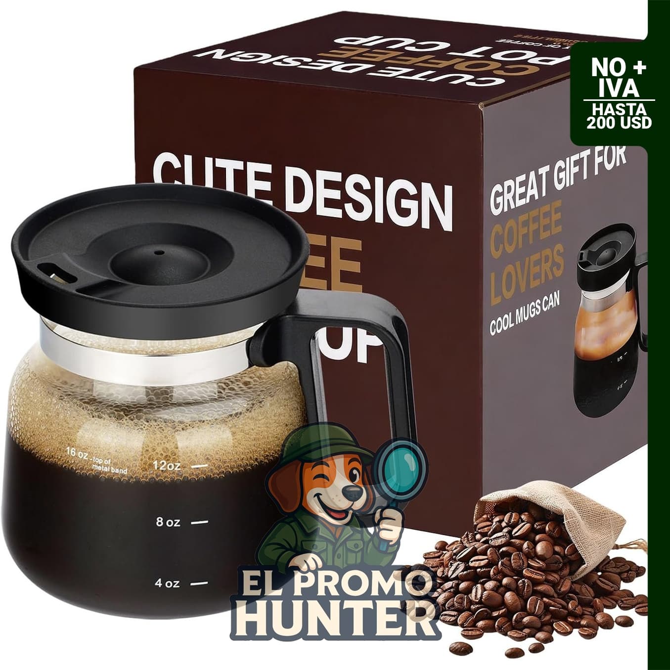 Taza de café de vidrio de 16 oz con tapa a prueba de derrames y calor.