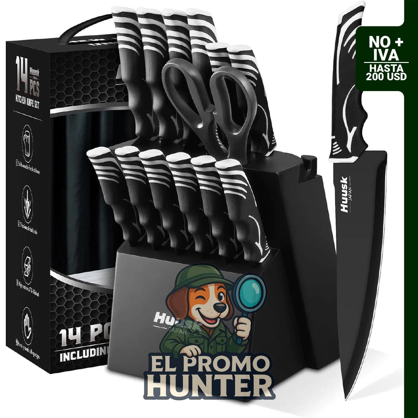 Huusk - Juego de cuchillos de cocina con afilador, color negro.