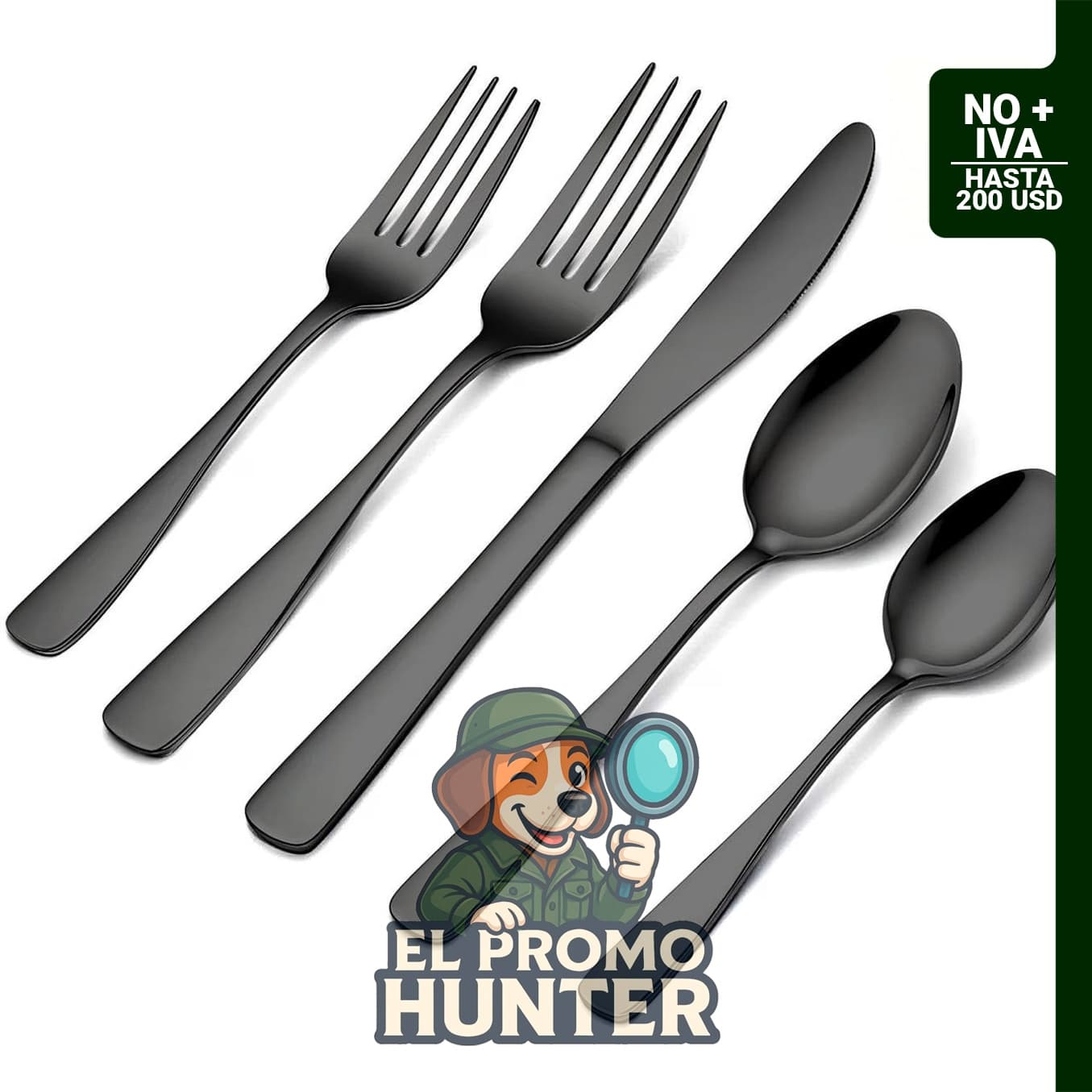 BEWOS Juego de cubiertos de 20 piezas de acero inoxidable negro, incluye cuchillos, tenedores y cucharas.