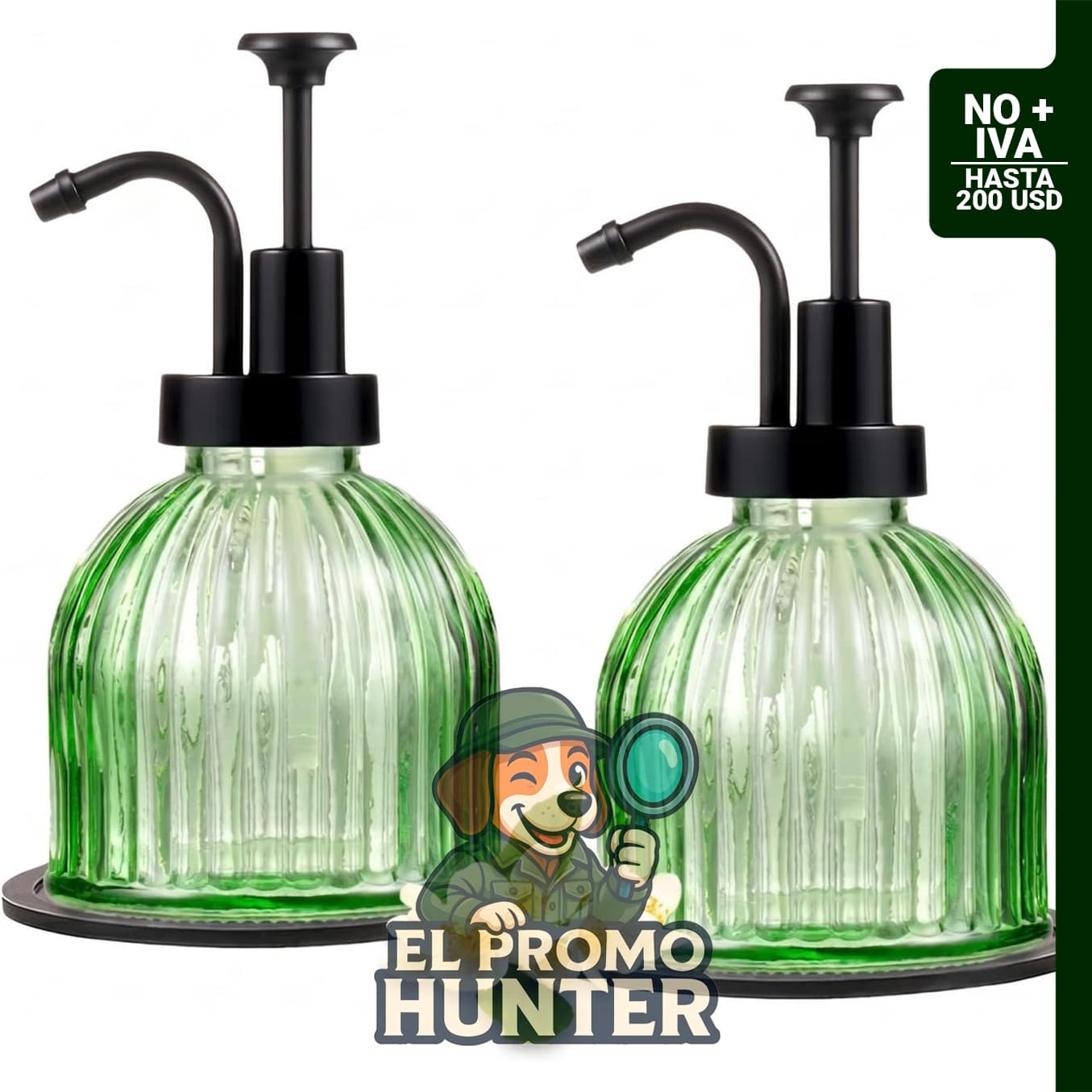 Dispensador de jabón de vidrio de 8 onzas, verde, con bomba, recargable para cocina y baño.