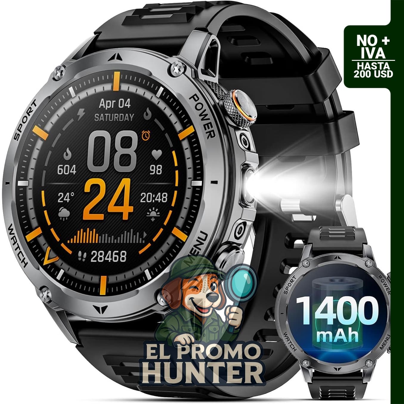 Reloj inteligente militar Karchilor, batería de 1400 mAh, función de llamada.