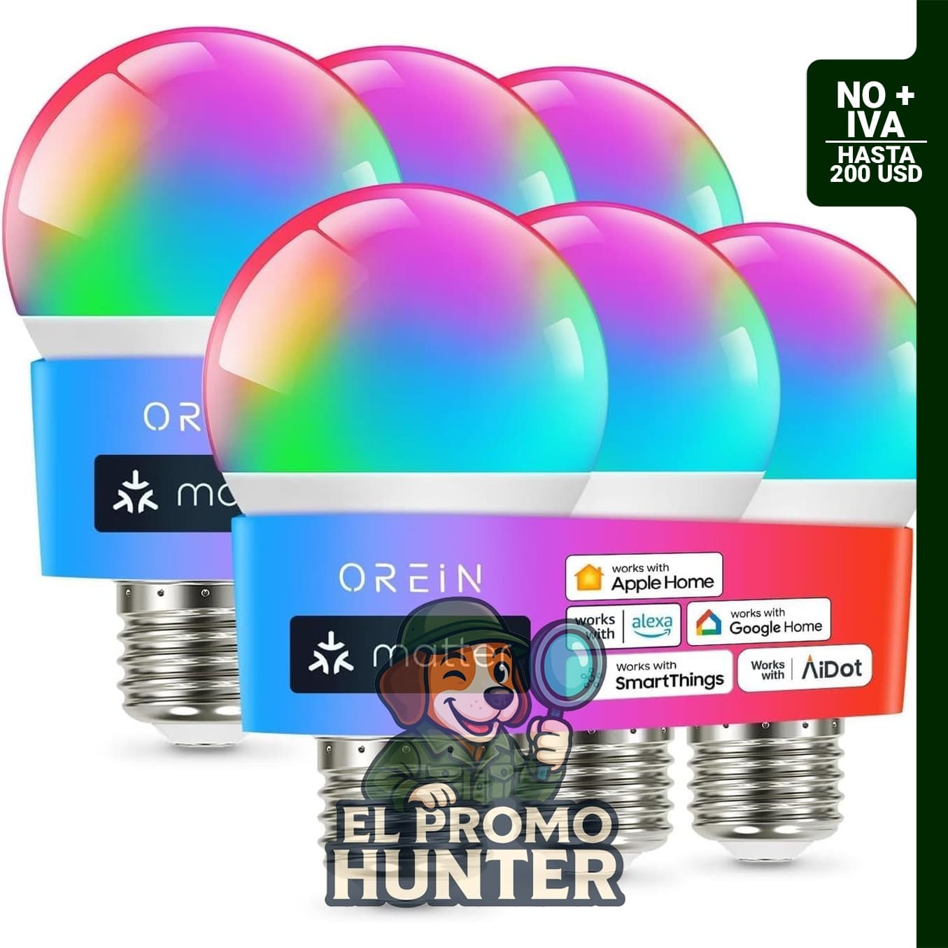 OREiN Matter - Bombilla inteligente A19 con conectividad WiFi de 2.4 GHz, compatible con Apple Home, Alexa, Google Home y SmartThings.