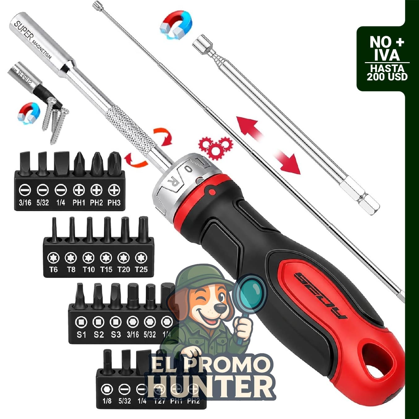 Juego de 26 puntas de destornillador de trinquete con destornillador magnético de 1/4" (6.35 mm), puntas de acero S2 y varilla de extensión magnética telescópica.