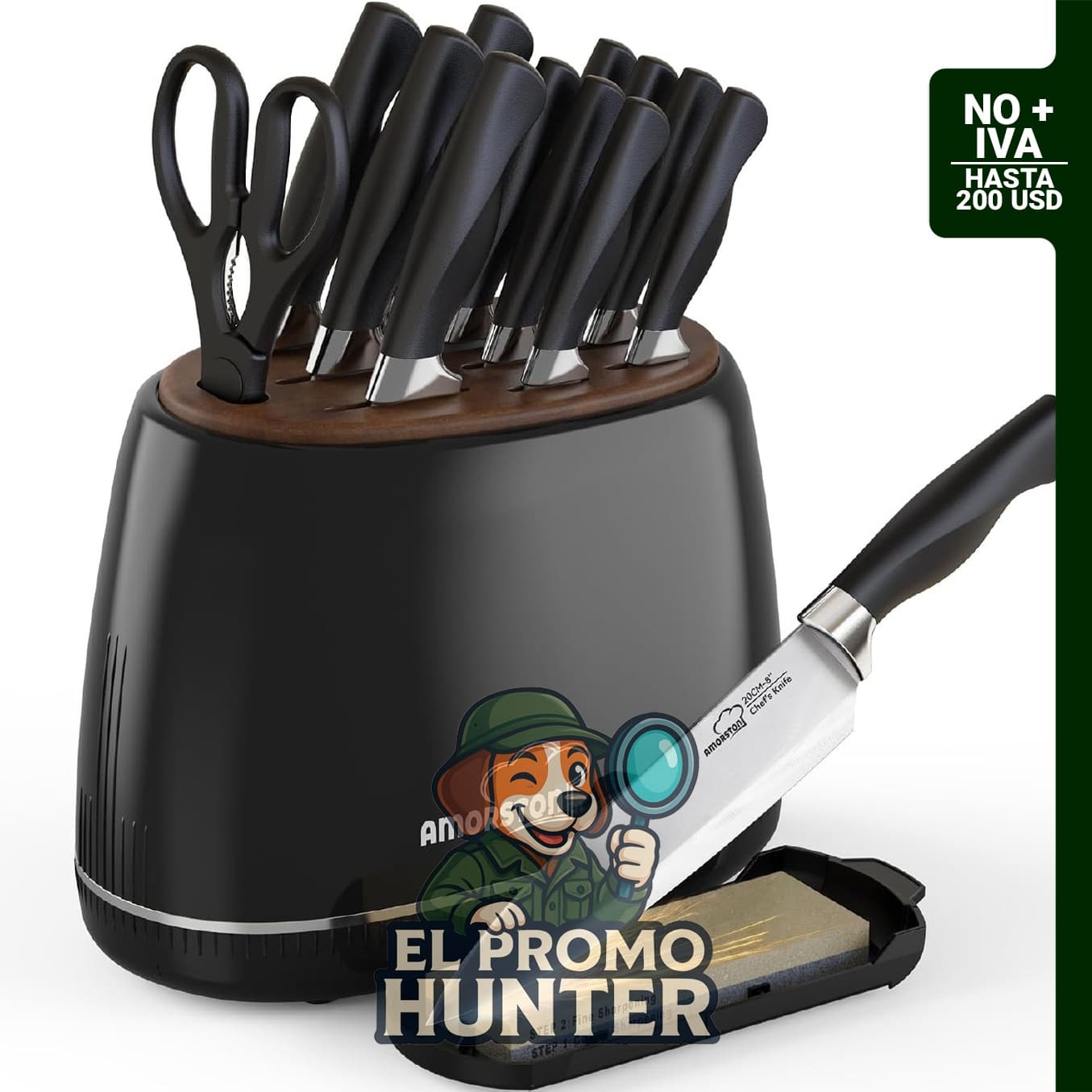 Juego de cuchillos de cocina de 14 piezas con bloque y piedra de afilar, acero inoxidable.