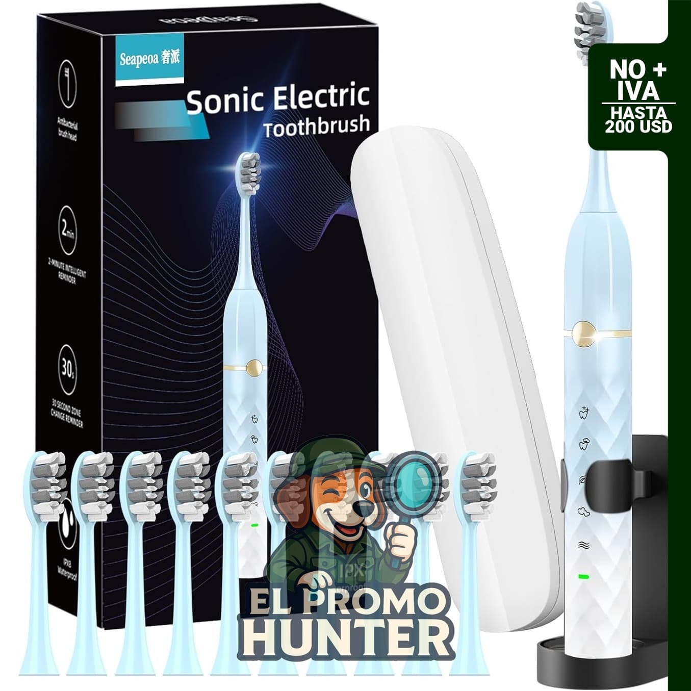 Sonic - Juego de cepillos de dientes eléctricos con 10 cabezales, funda de viaje, IPX8 impermeable, temporizador de 2 minutos y 5 modos.