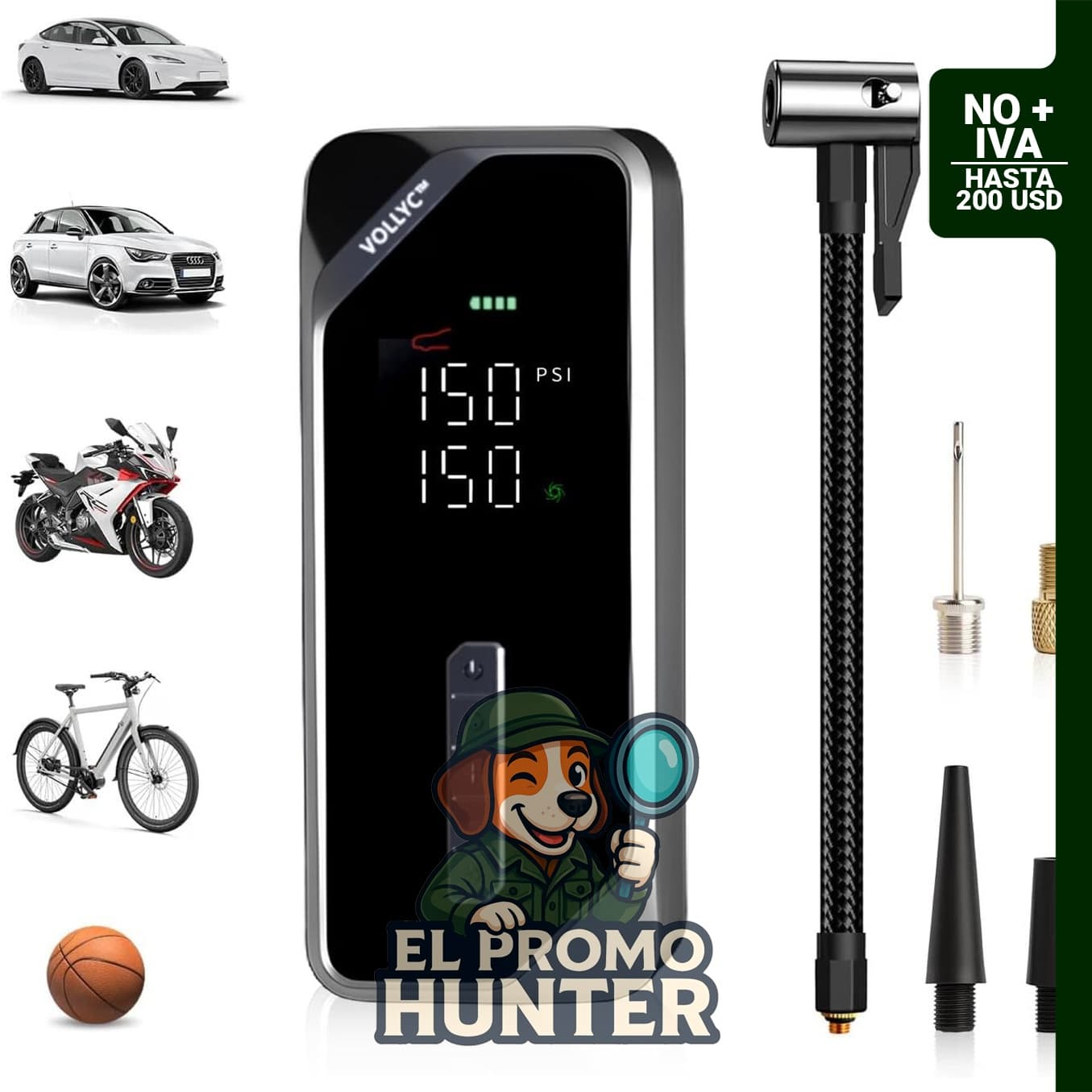 Inflador de neumáticos de automóvil portátil, compresor de aire de 150 PSI con medidor digital.