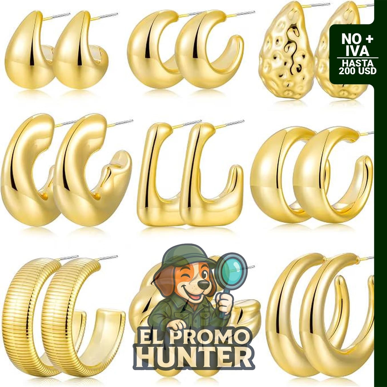 Juego de 9 pares de aretes de aro de oro para mujer, gruesos y trenzados.