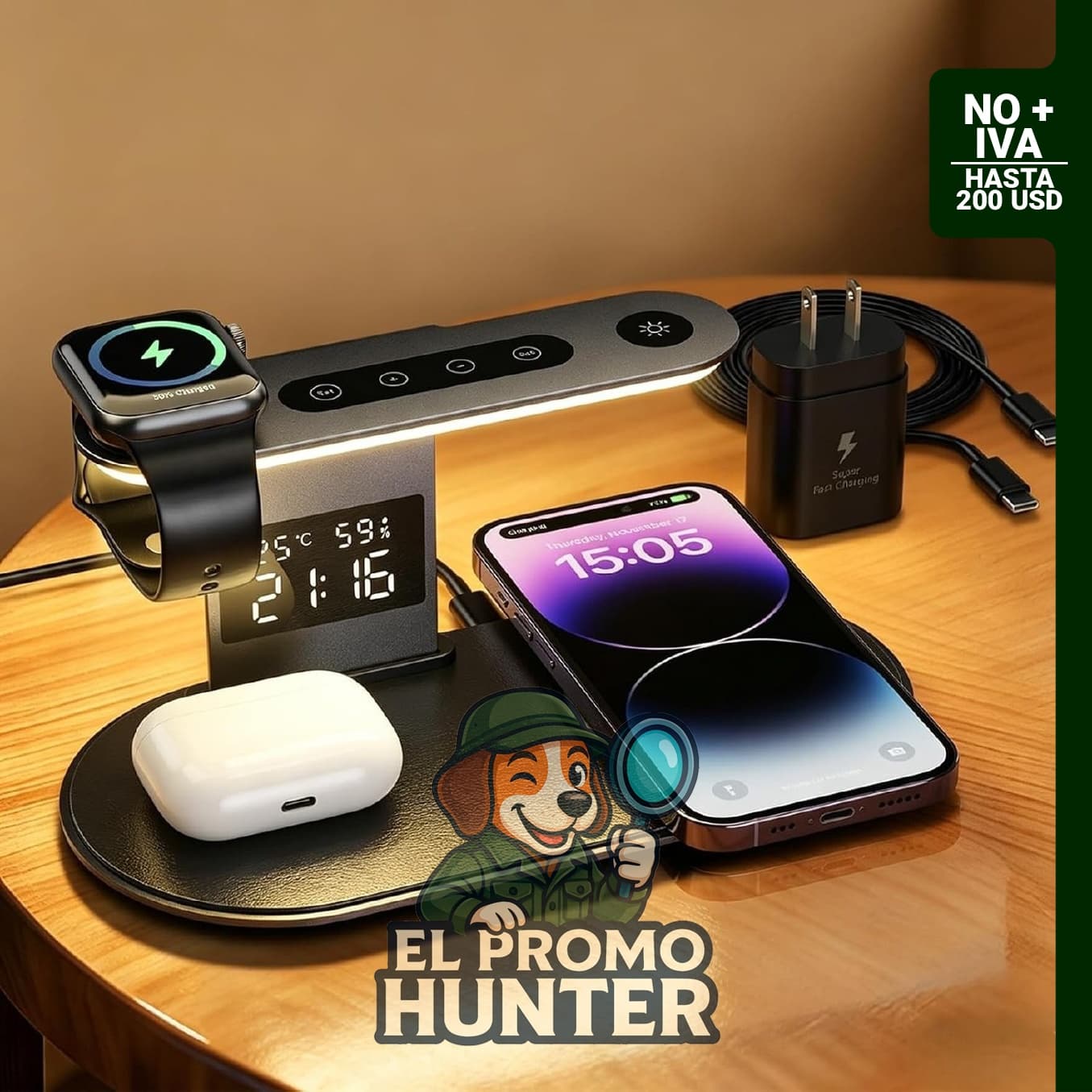 Cargador inalámbrico 5 en 1 para iPhone con luz nocturna y adaptador rápido.