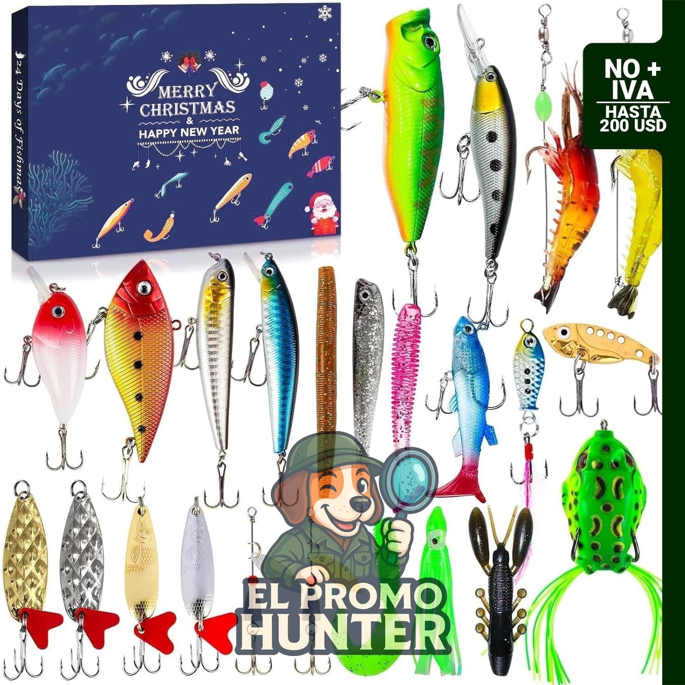 Calendario de Adviento de 24 días con señuelos de pesca para hombres y adolescentes.