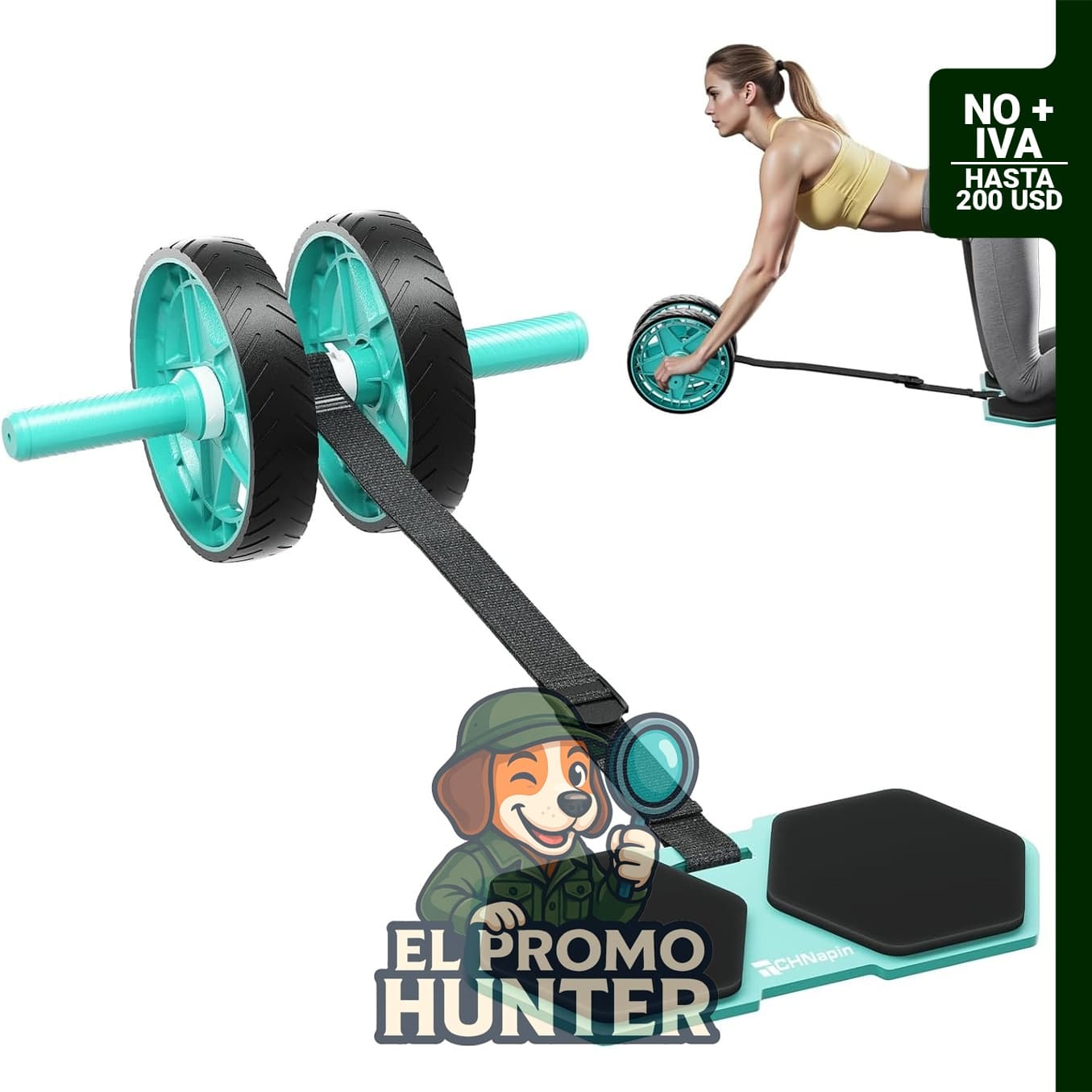 Rodillo abdominal de doble rueda para entrenamiento de core, con diseño de rebote, banda elástica ajustable y ruedas antideslizantes.