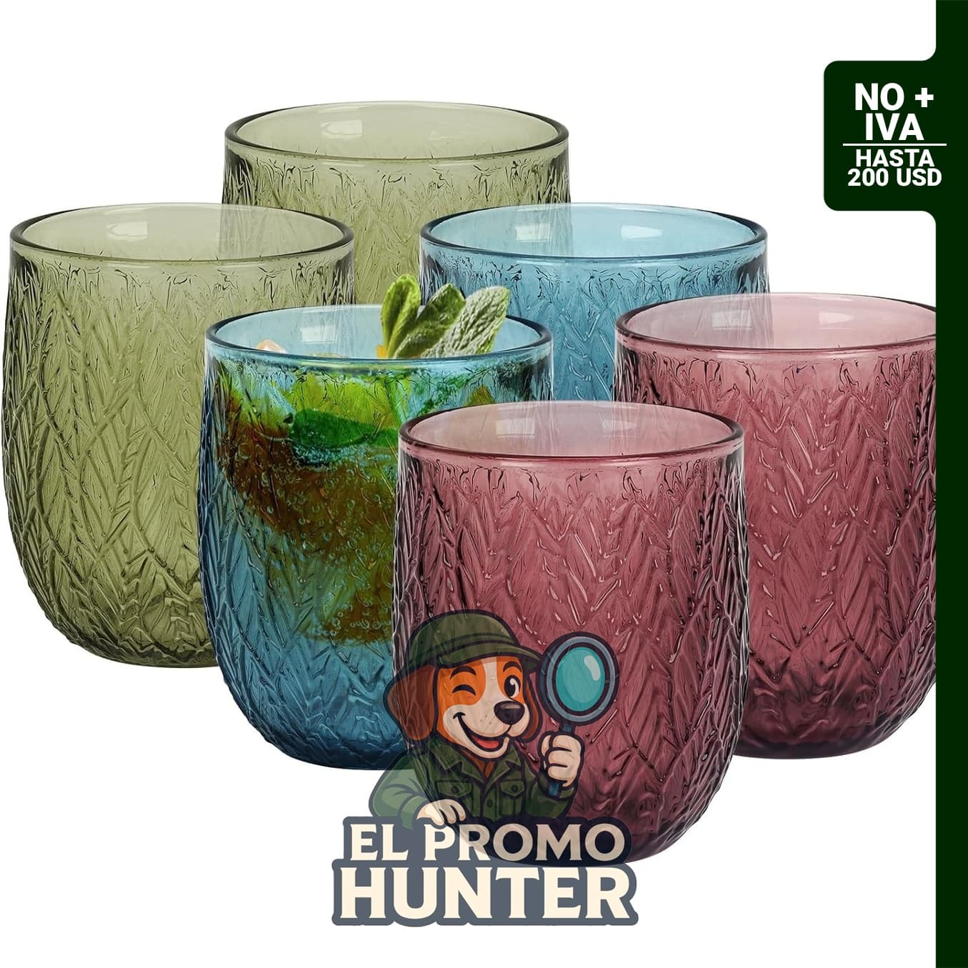 Topsky Juego de vasos de cristal de colores vintage, 6 vasos de 12 oz (355 ml) en color verde.