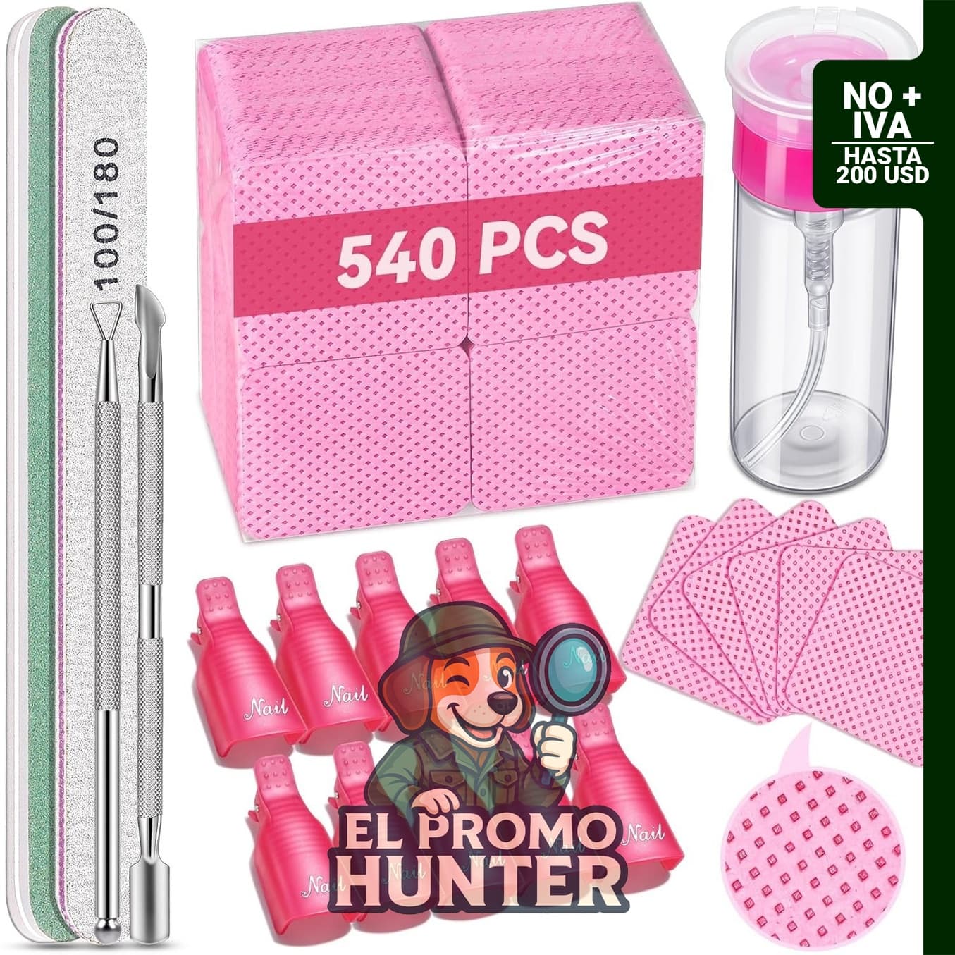 Kit de herramientas para quitar esmalte de uñas de gel que incluye 540 toallitas sin pelusas, 10 clips de remojo, botella de removedor de 100 ml, empujador de cutículas, lima y bloque amortiguador.