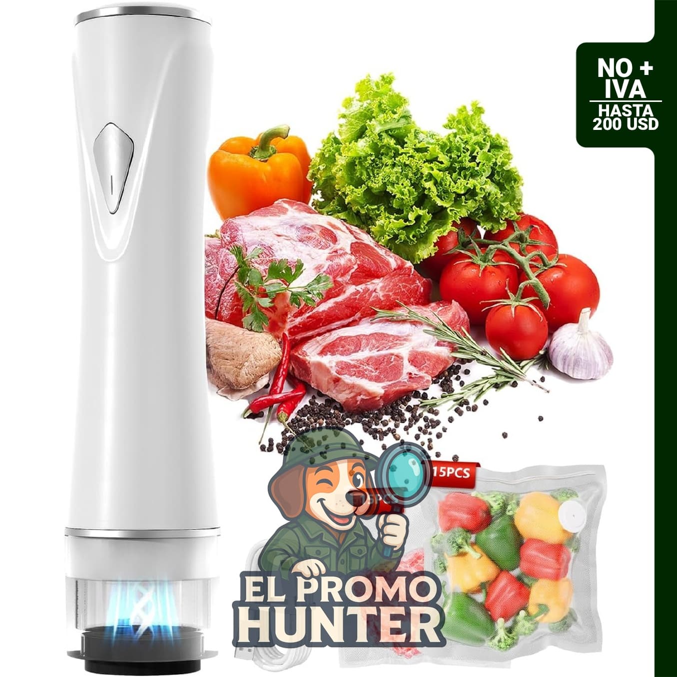 Sellador al vacío de mano para alimentos, incluye 30 bolsas reutilizables.