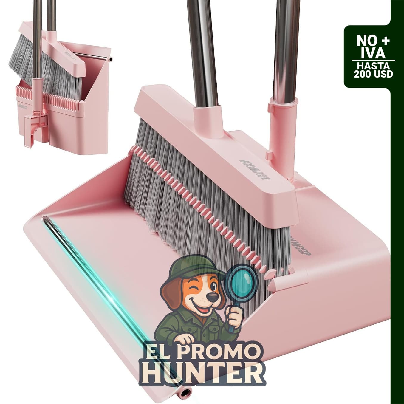 JOYMOOP juego de escoba y recogedor rosa, diseño vertical y recogedor plegable con diente de peine integrado.